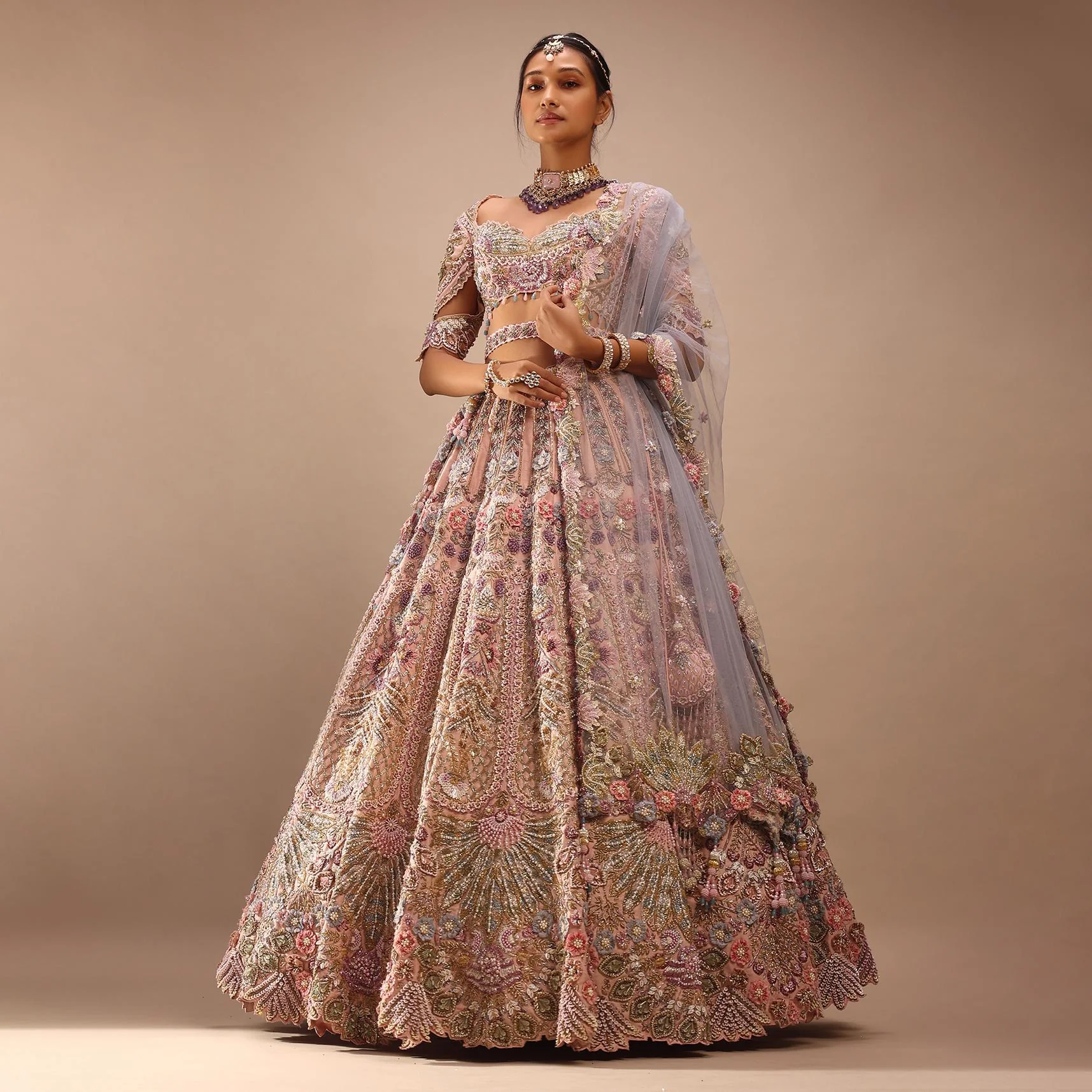 Light Pink Lehenga Set With A Choli In Moti Embroidery, Crop Top Comes In Half Sleeves With Cut Work - Image 2