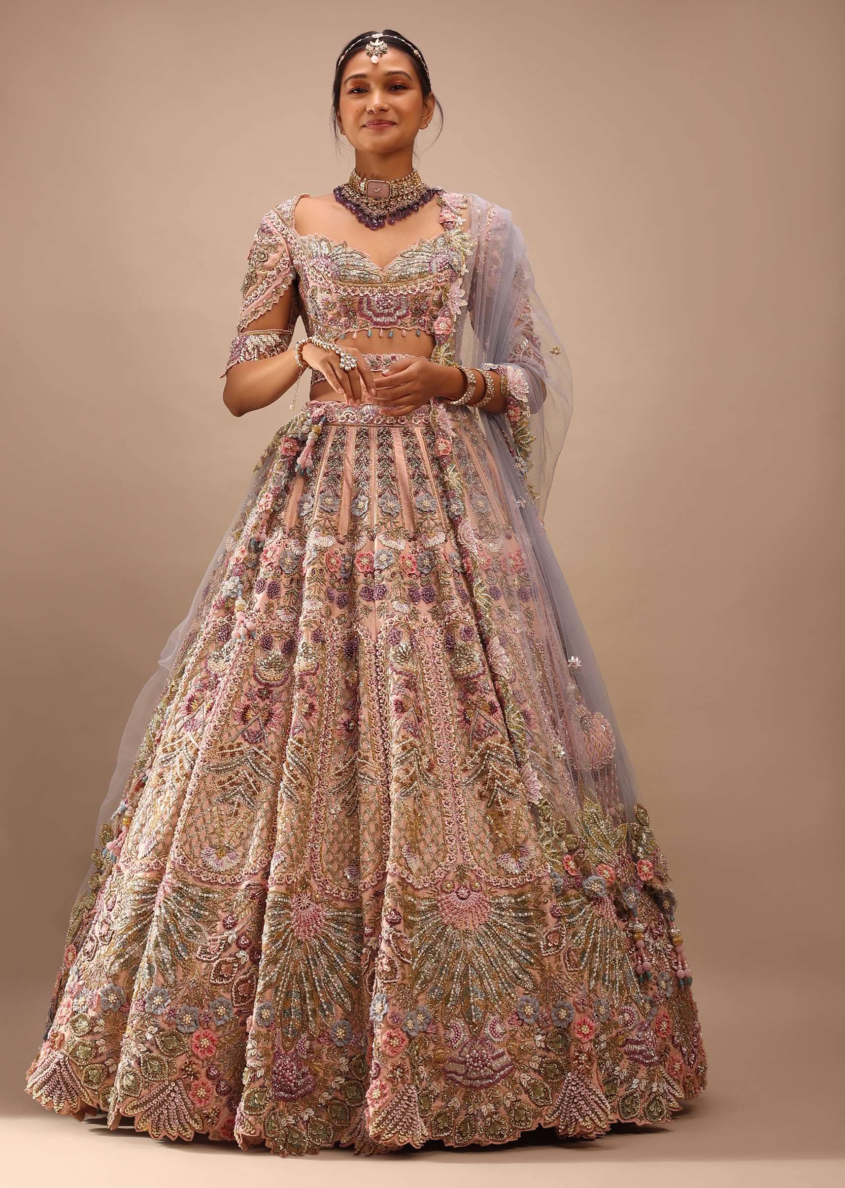 Light Pink Lehenga Set With A Choli In Moti Embroidery, Crop Top Comes In Half Sleeves With Cut Work - Image 9