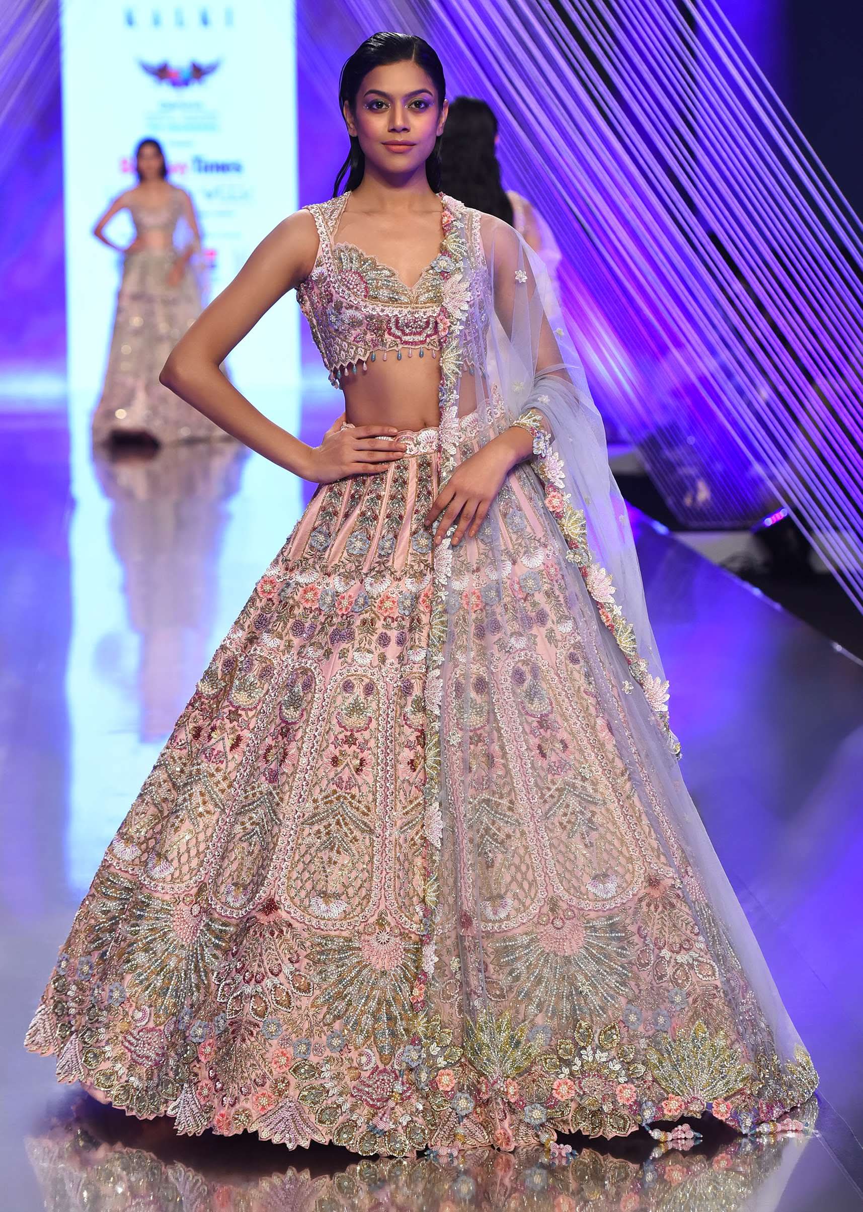 Light Pink Lehenga Set With A Choli In Moti Embroidery, Crop Top Comes In Half Sleeves With Cut Work - Image 2