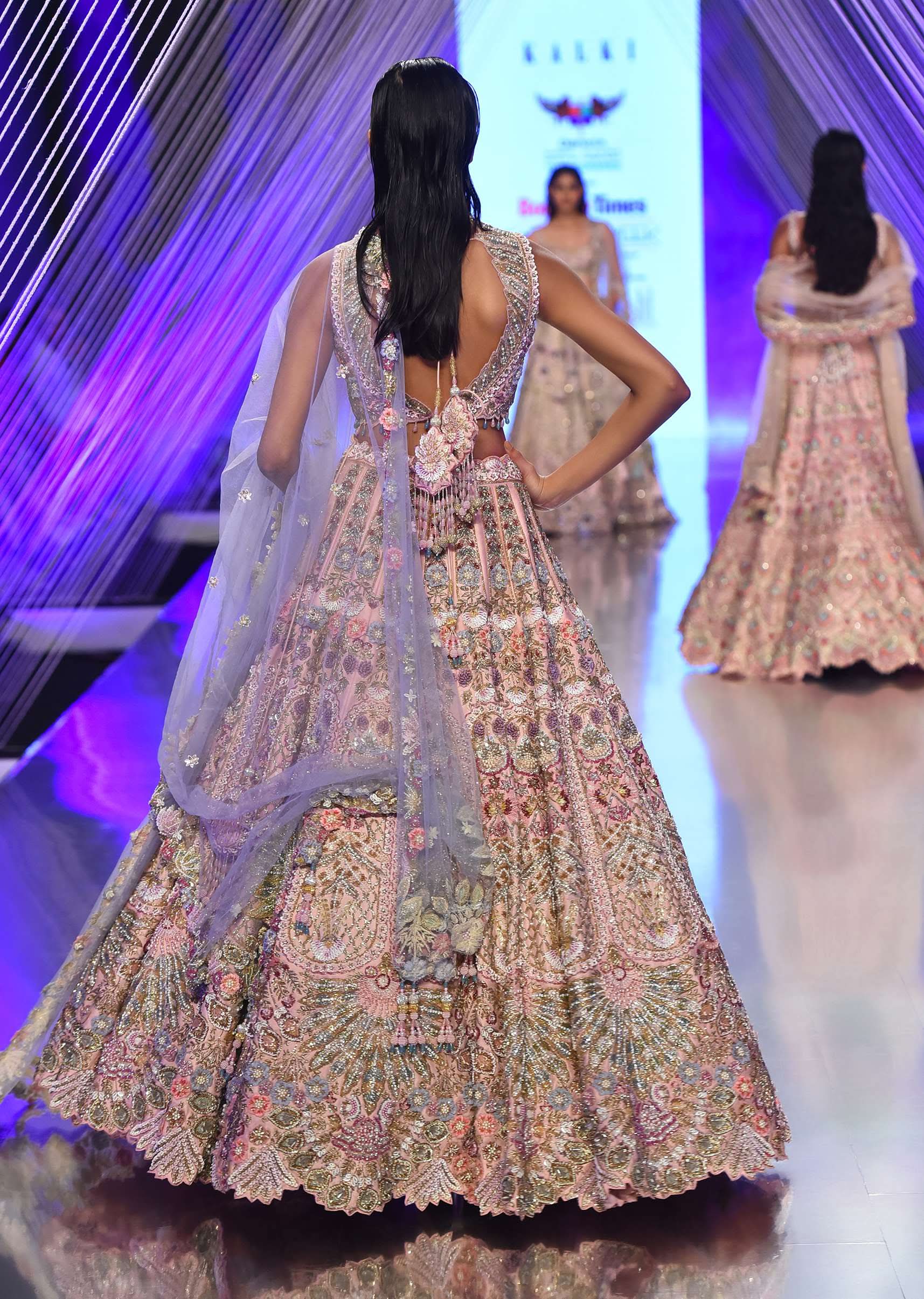 Light Pink Lehenga Set With A Choli In Moti Embroidery, Crop Top Comes In Half Sleeves With Cut Work - Image 8
