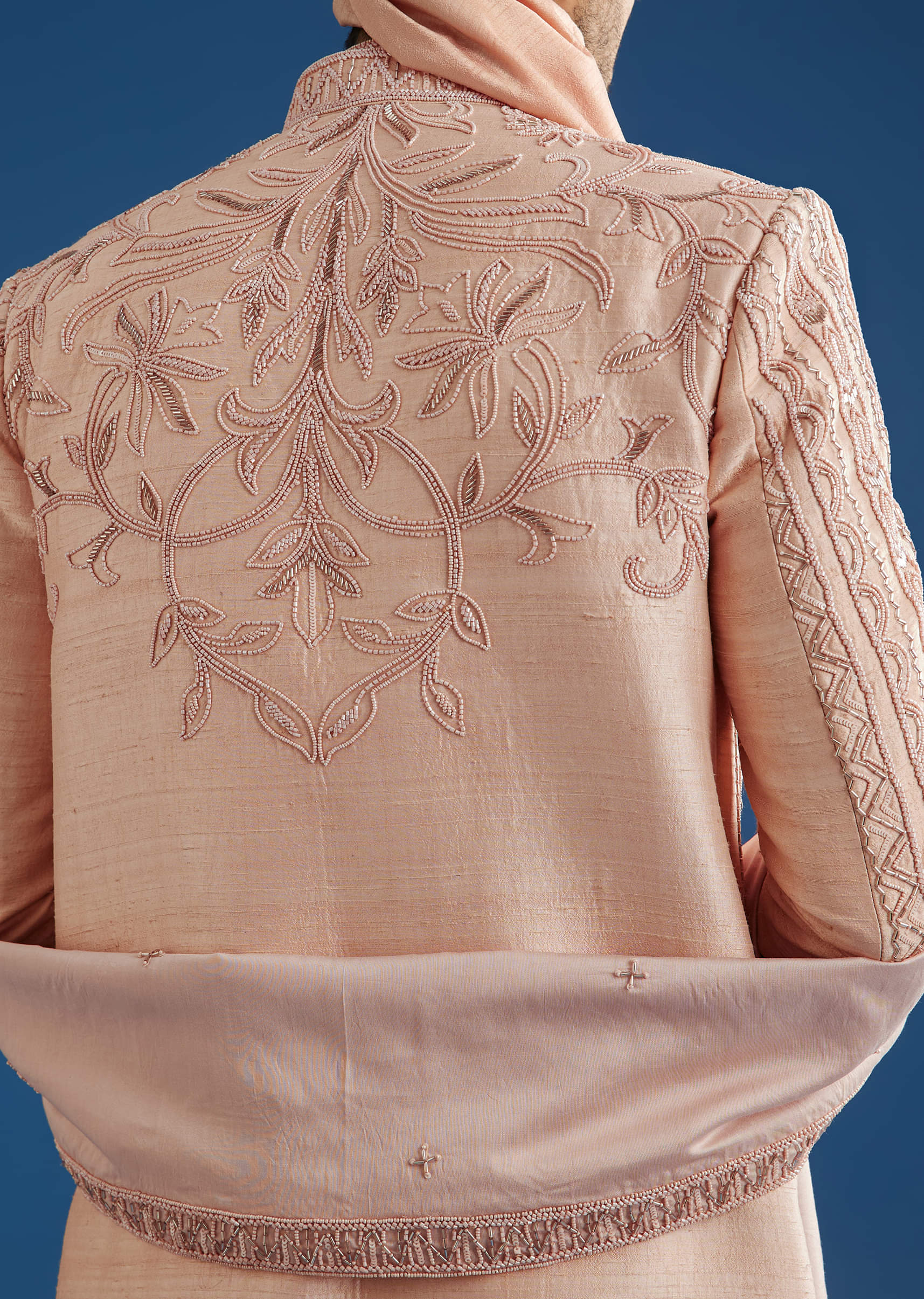 Light Pink Raw Silk Sherwani Set With Hand Work In Chanderi And Dola Silk - Image 6