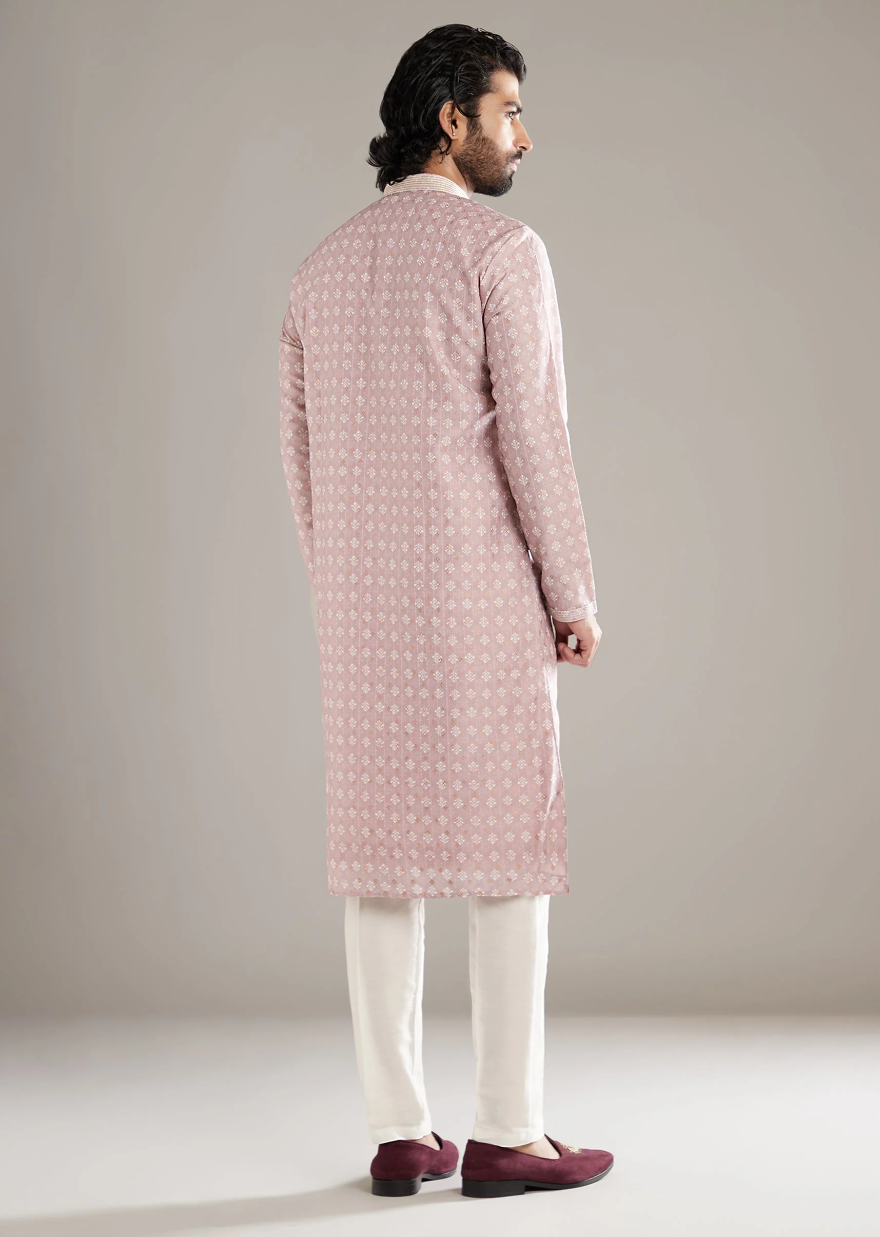 Light Pink Silk Kurta Set For Men With Floral Print - Image 5