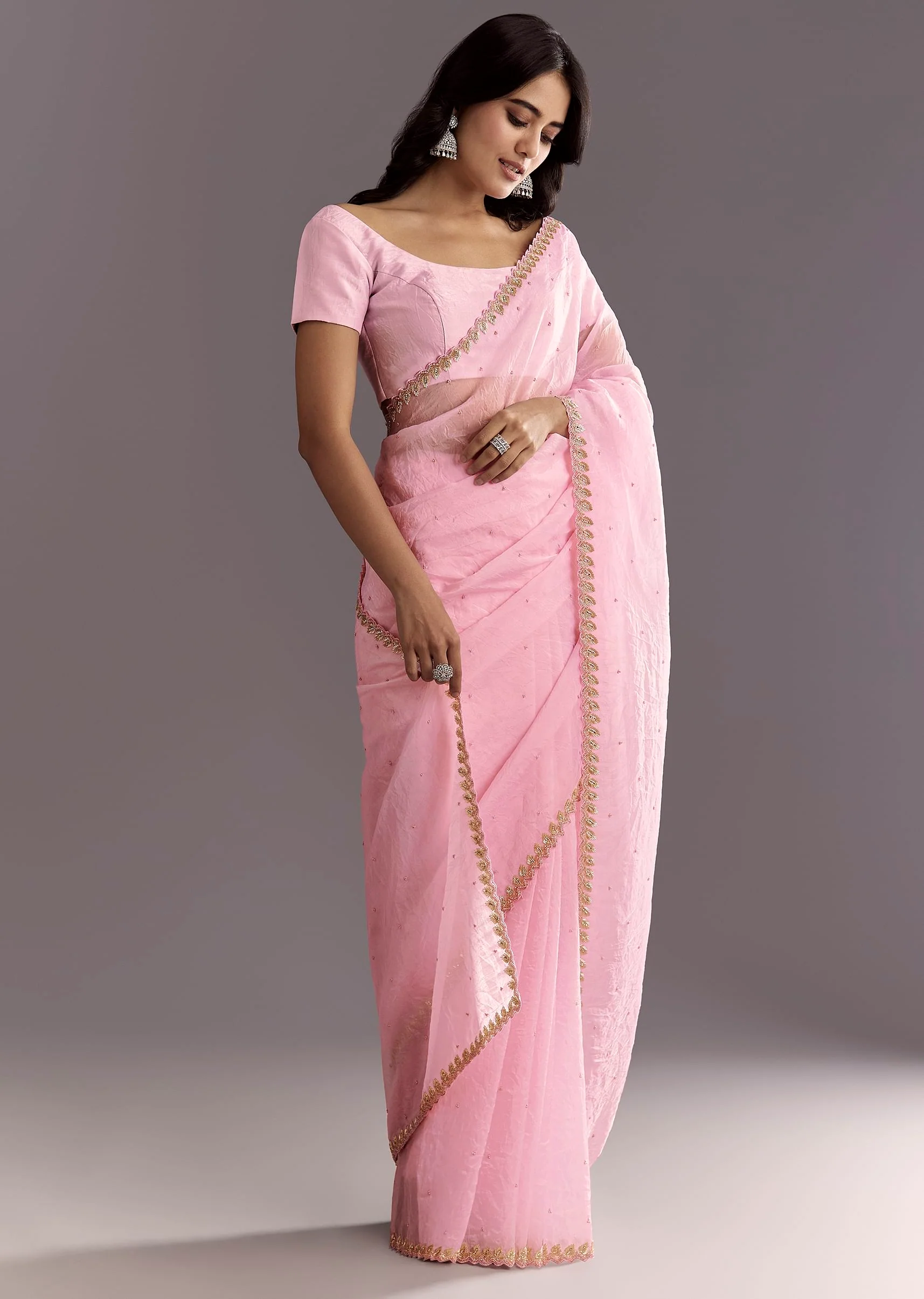 Light Pink Tissue Embroidered Saree With Cutwork Scallop Border - Image 3