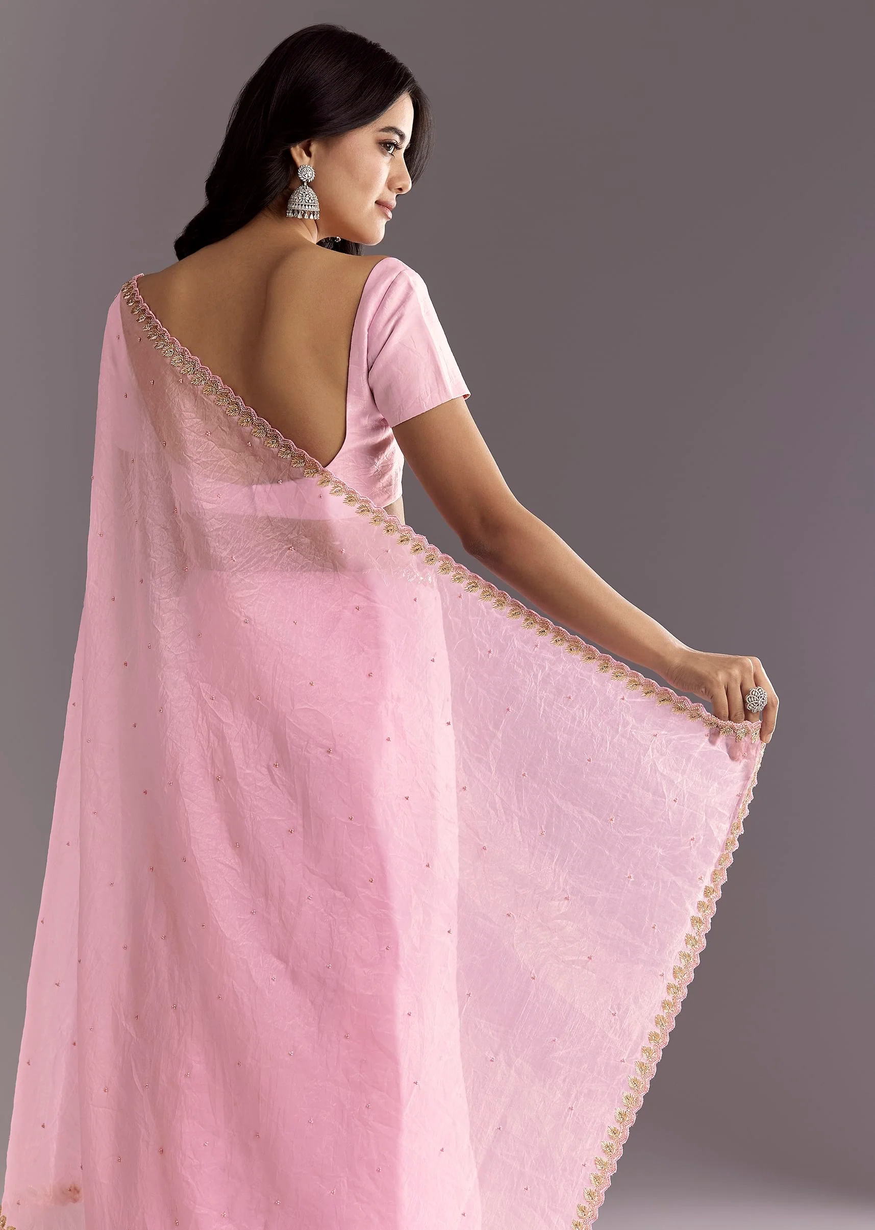 Light Pink Tissue Embroidered Saree With Cutwork Scallop Border - Image 4