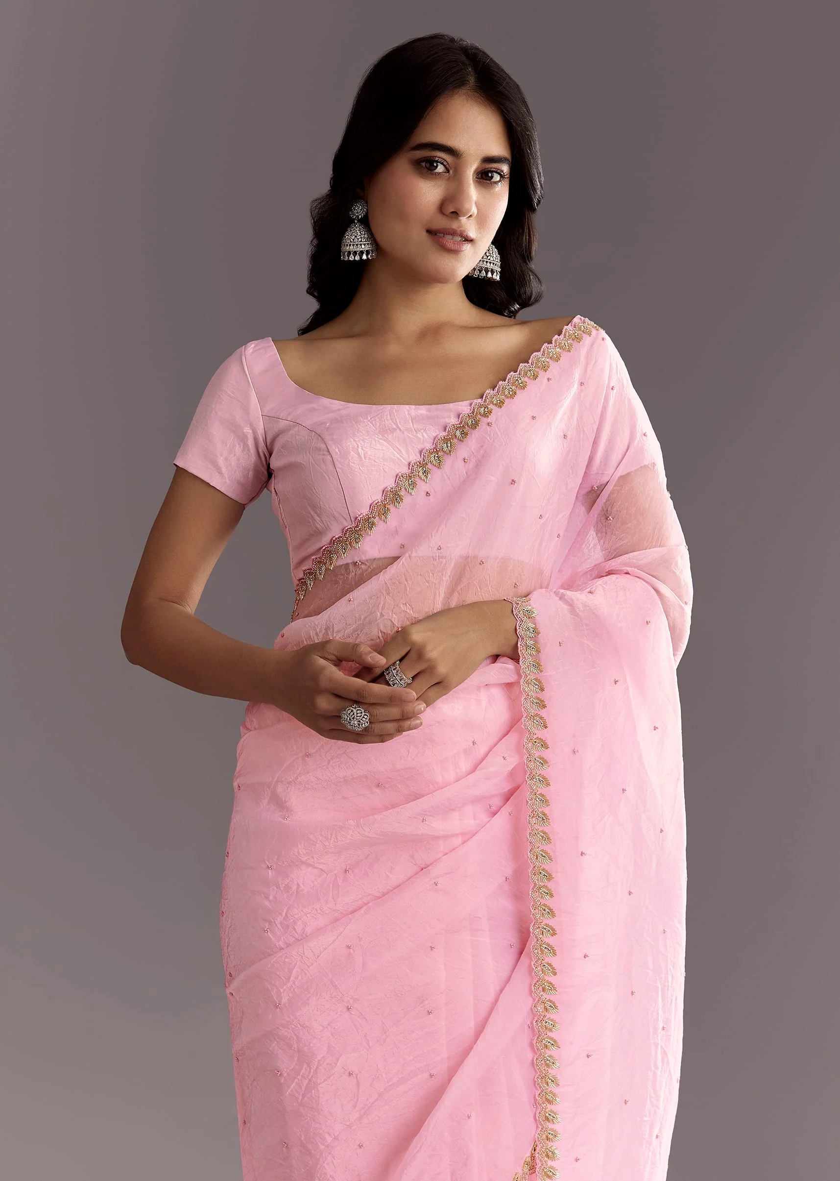 Light Pink Tissue Embroidered Saree With Cutwork Scallop Border - Image 5