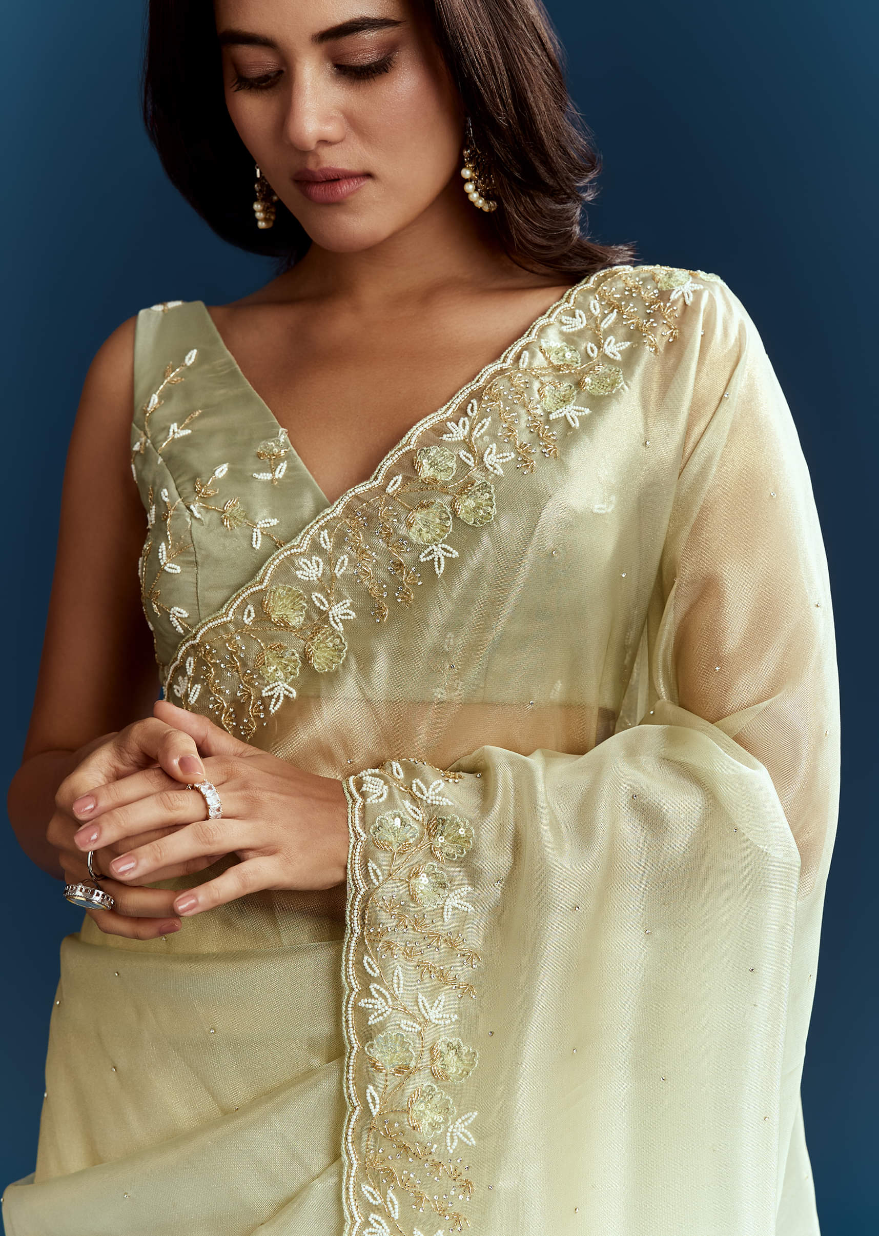 Light Pista Organza Saree With Floral Cutdana And Stone Embroidery - Image 2