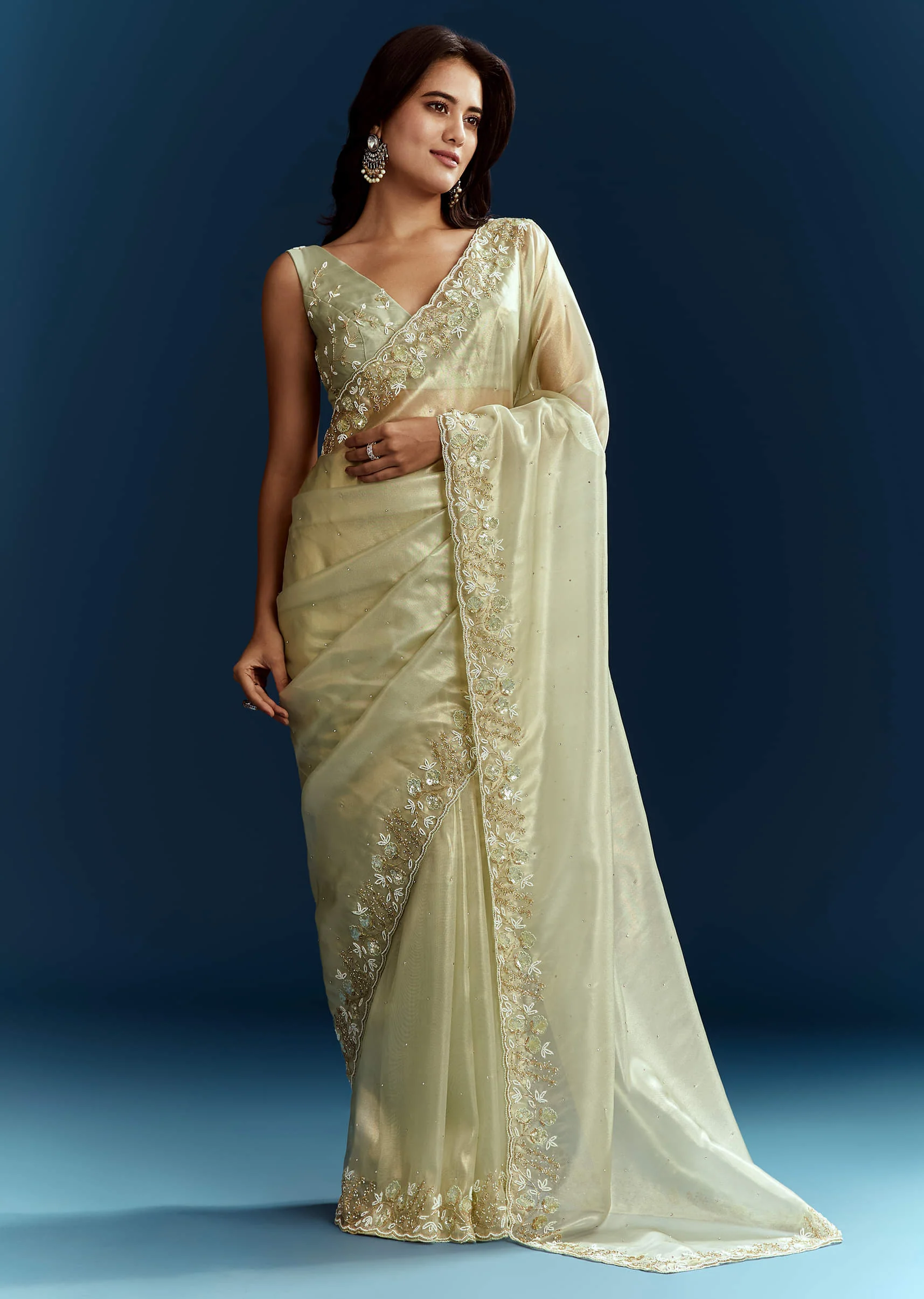 Light Pista Organza Saree With Floral Cutdana And Stone Embroidery - Image 3