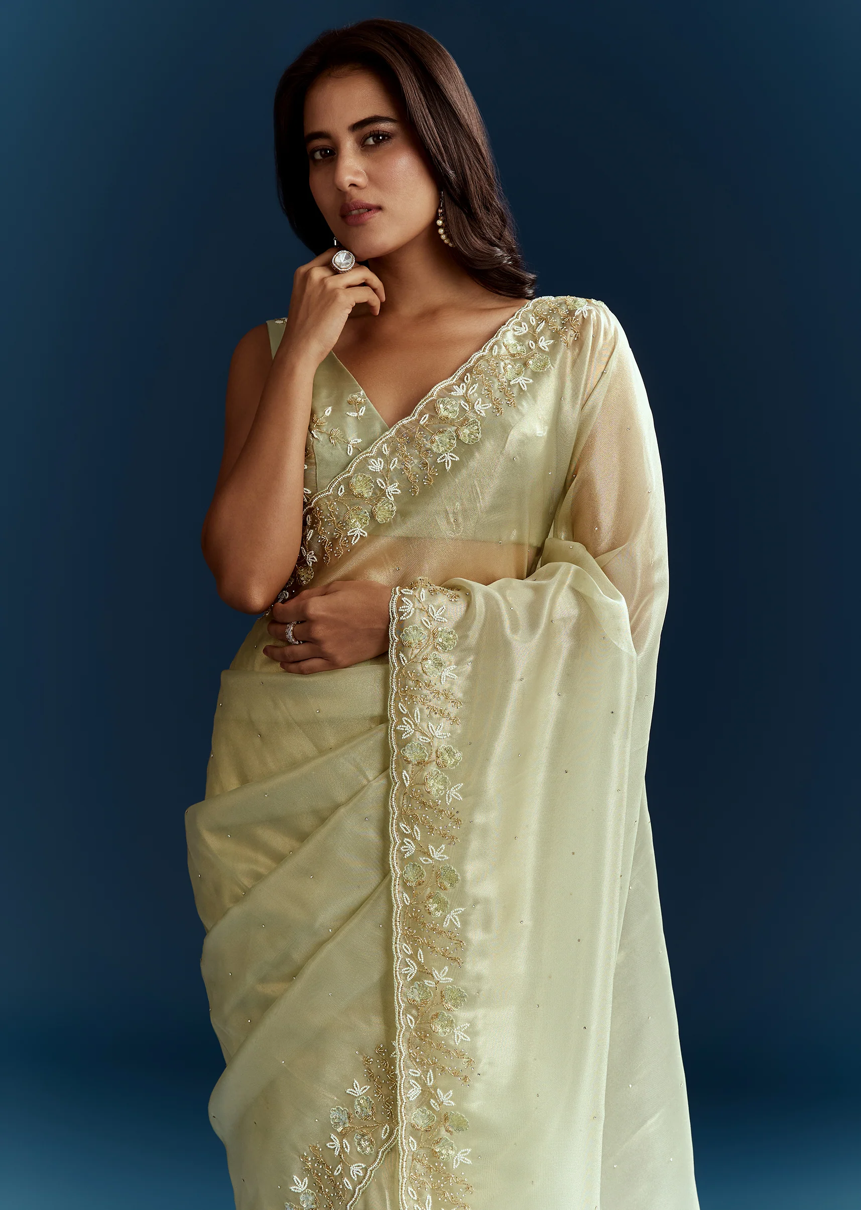 Light Pista Organza Saree With Floral Cutdana And Stone Embroidery - Image 4