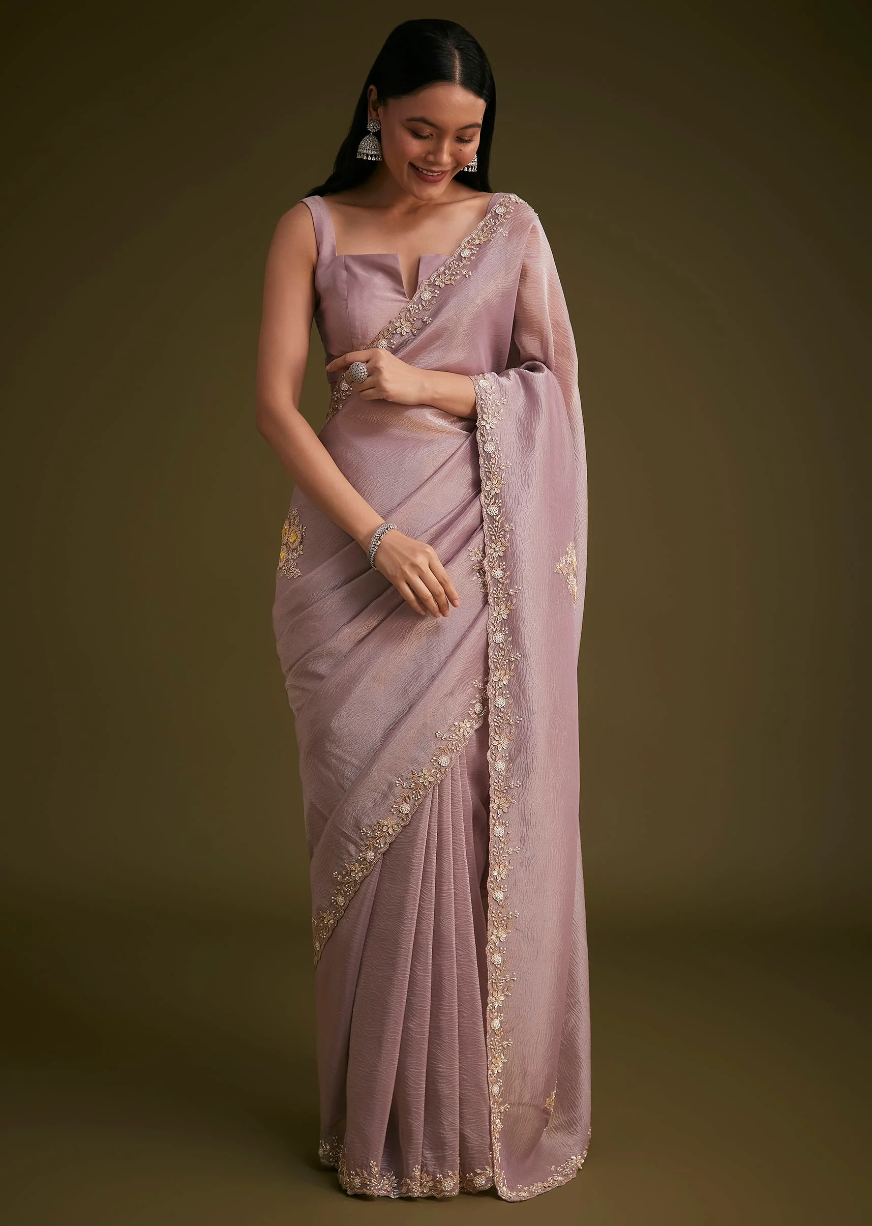 Light Purple Tissue Saree With Floral Embroidery - Image 5