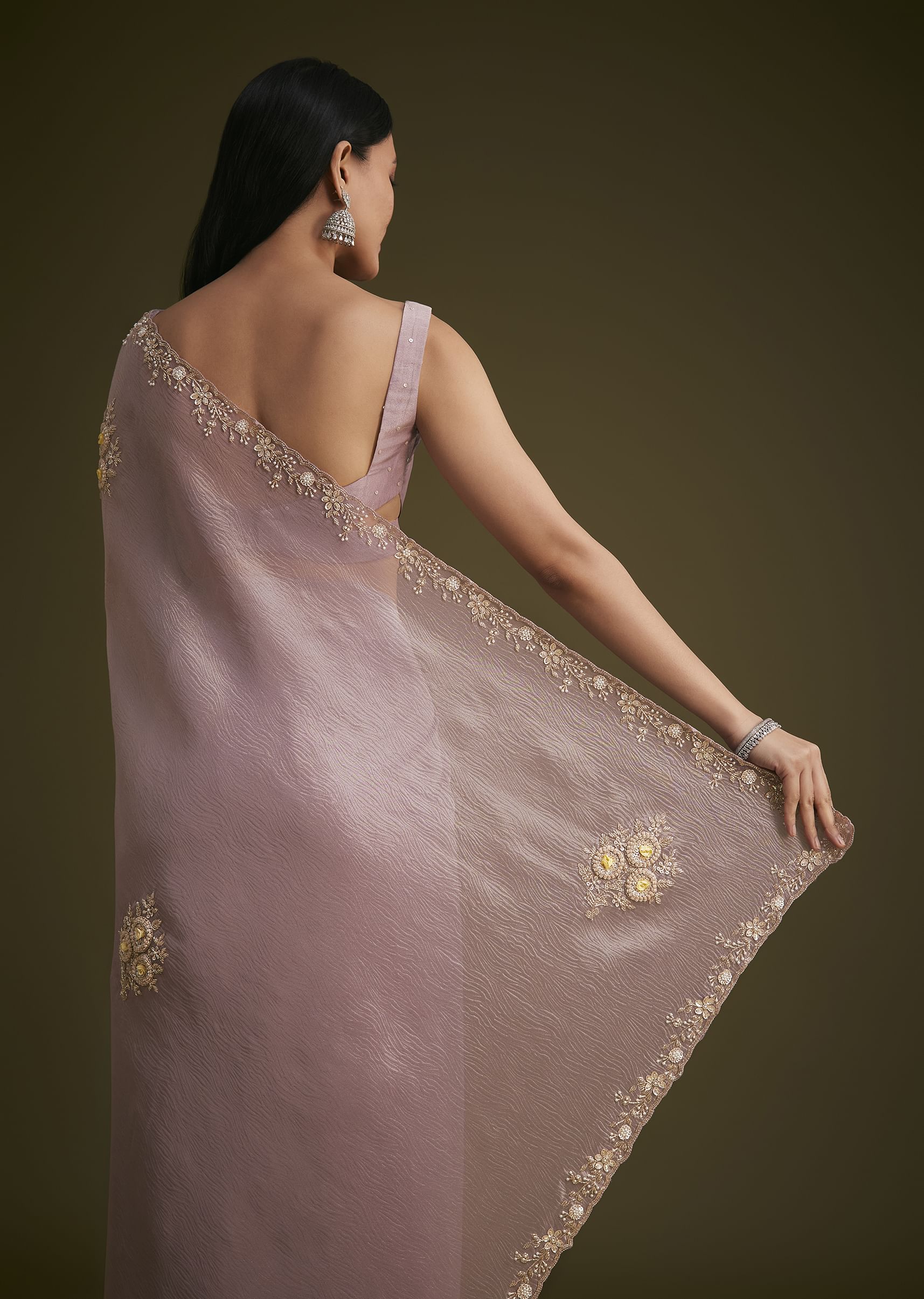 Light Purple Tissue Saree With Floral Embroidery - Image 6