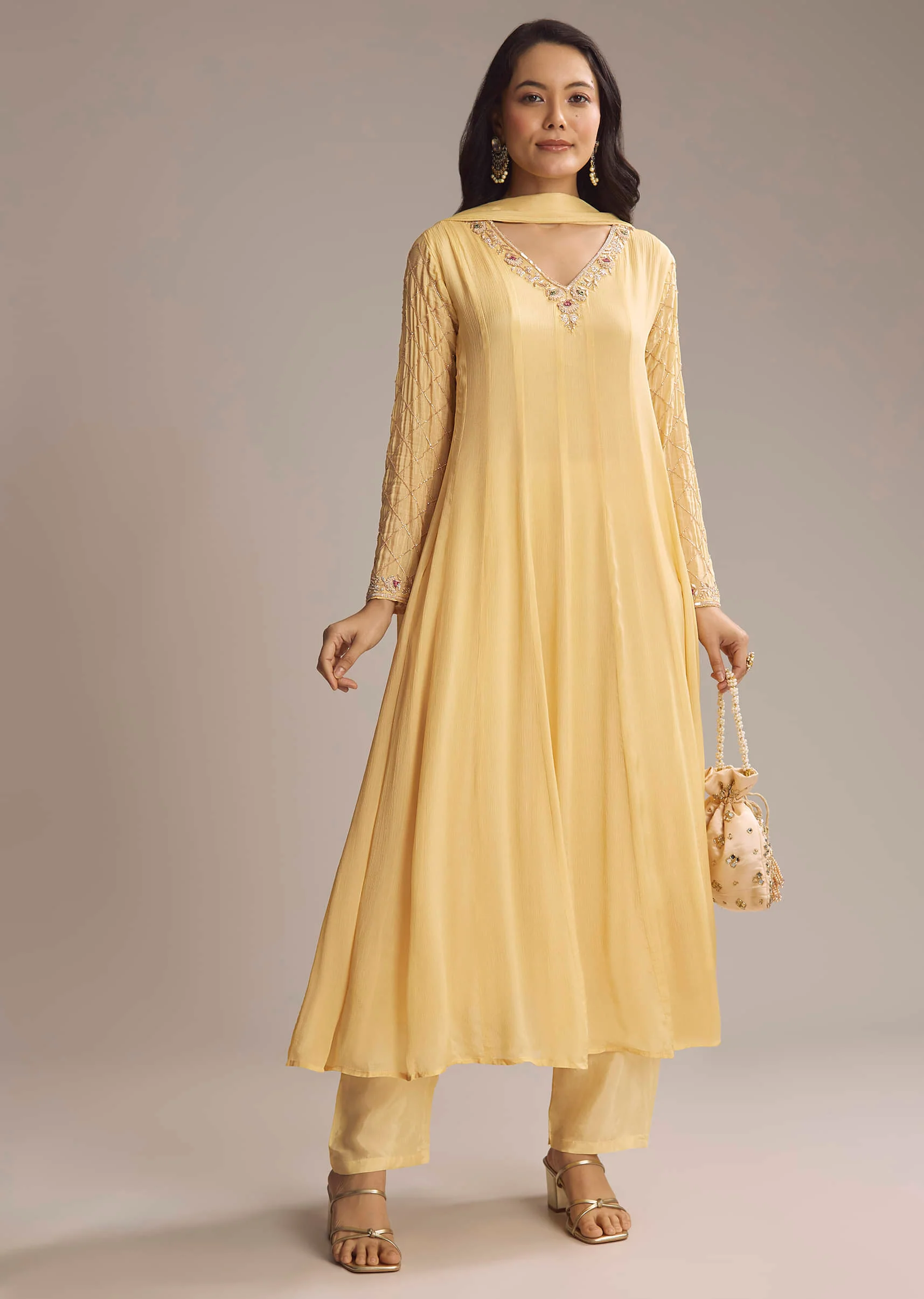 Light Yellow Chinon Anarkali Suit With Cutdana And Sequins Work - Image 4