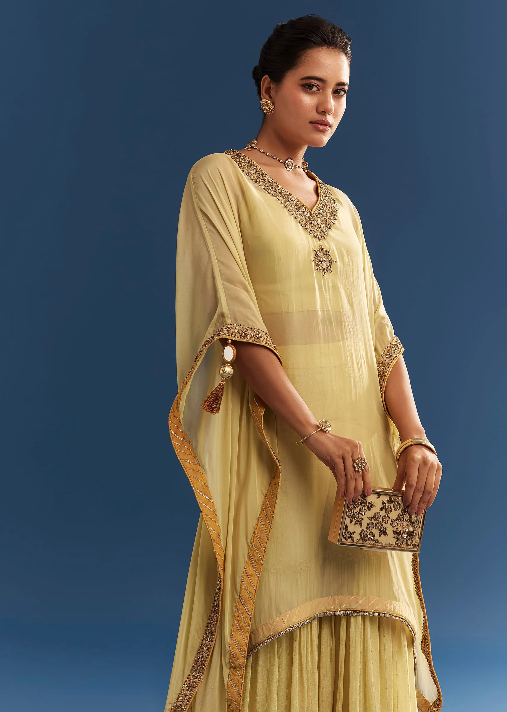 Light Yellow Embroidered Kaftan Sharara Set In Organza - Image 4