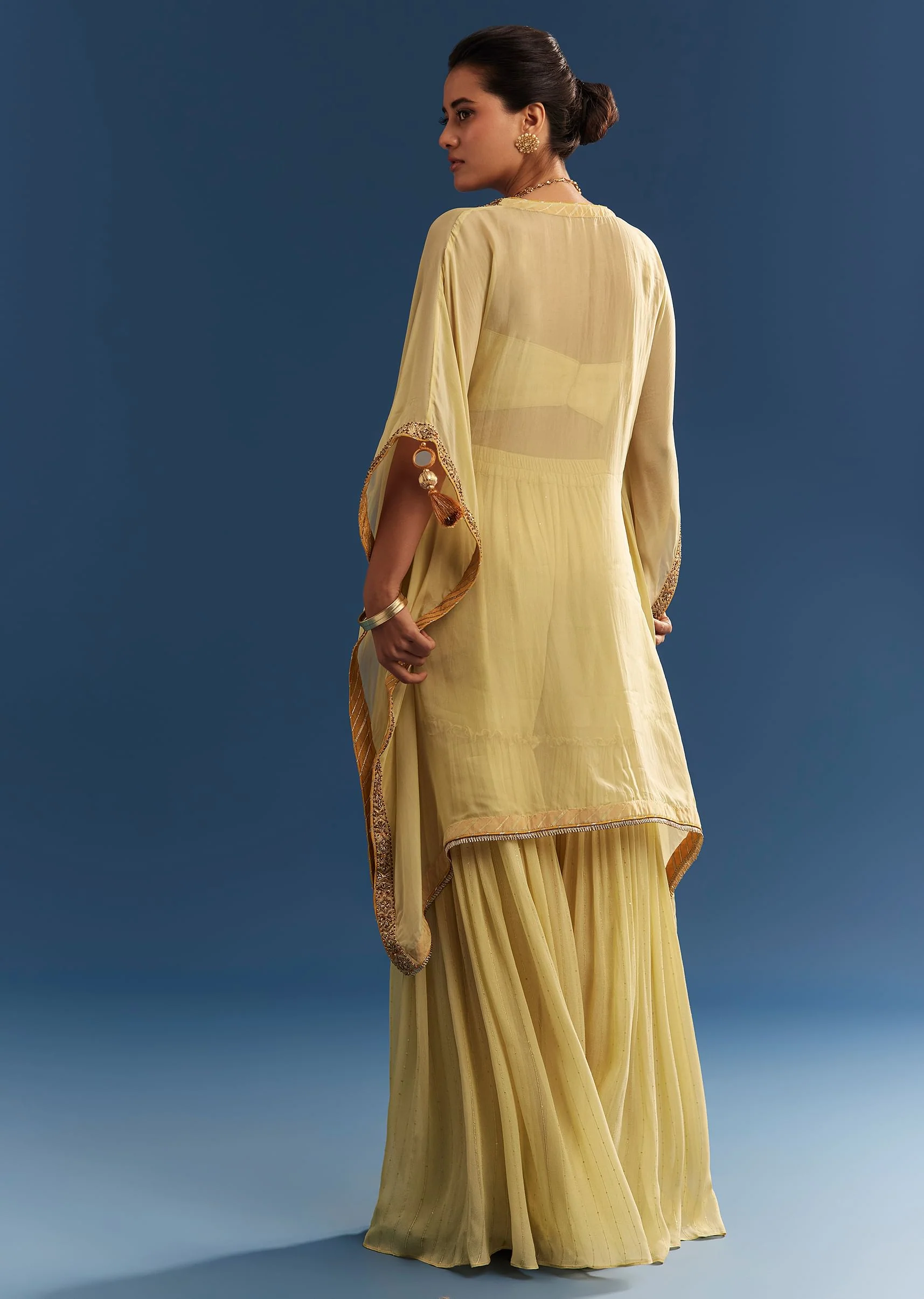 Light Yellow Embroidered Kaftan Sharara Set In Organza - Image 5
