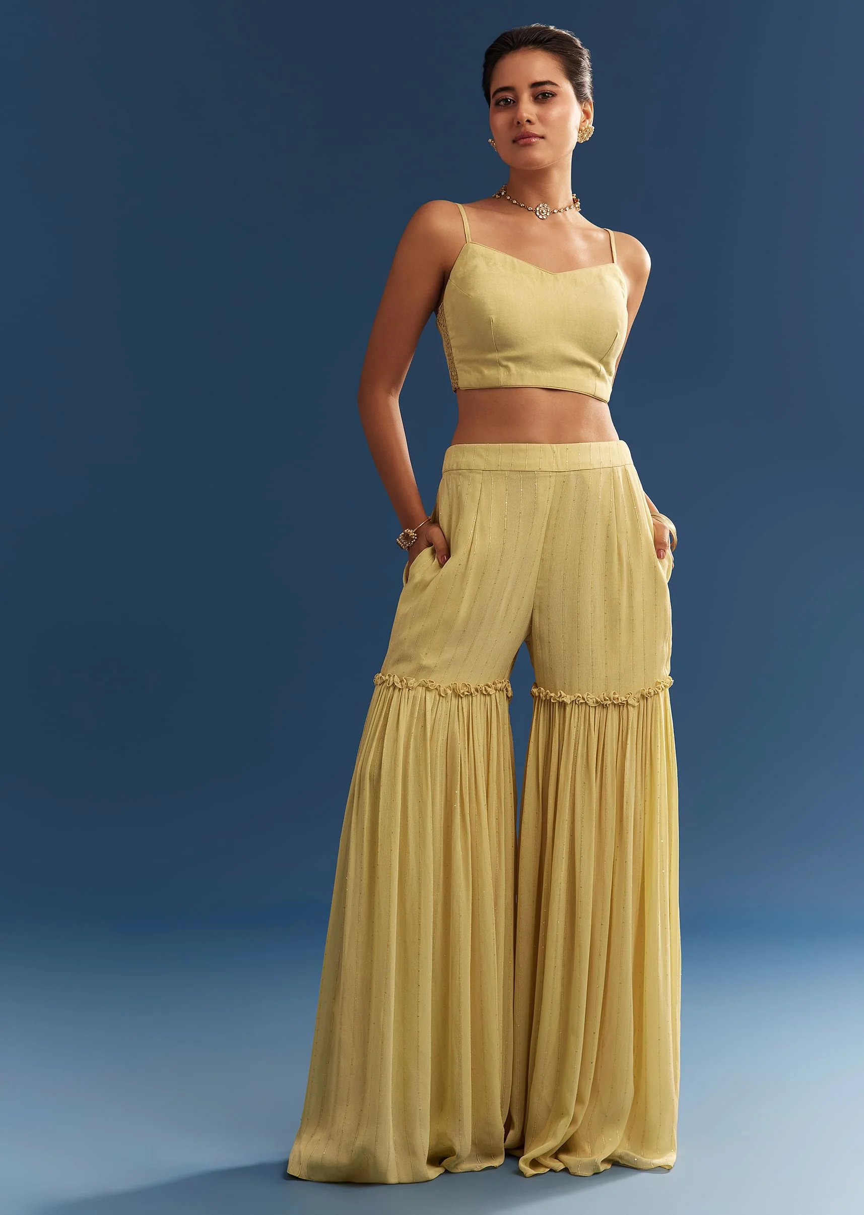 Light Yellow Embroidered Kaftan Sharara Set In Organza - Image 6