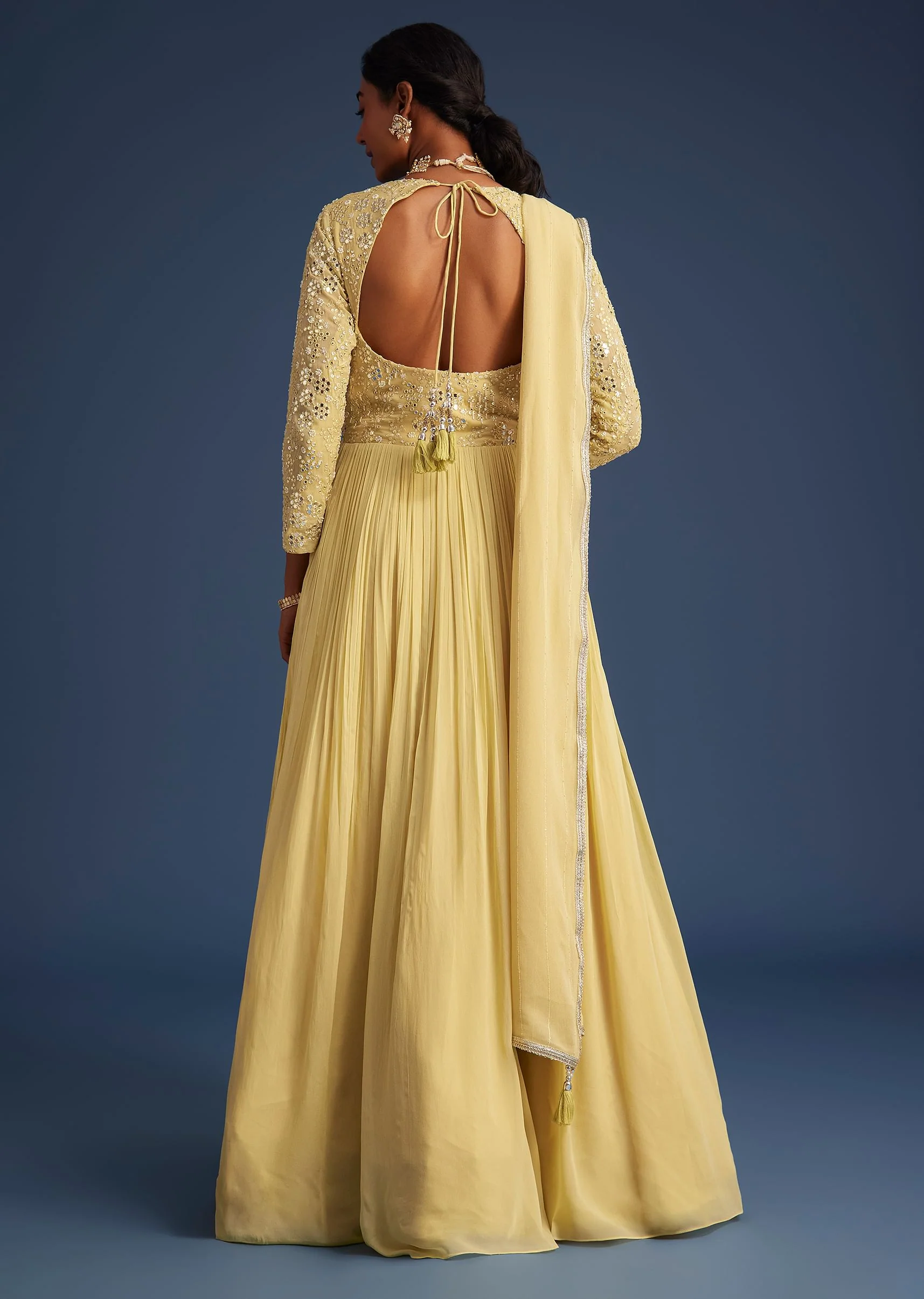 Light Yellow Georgette Anarkali With Mirror And Sequin Work - Image 5