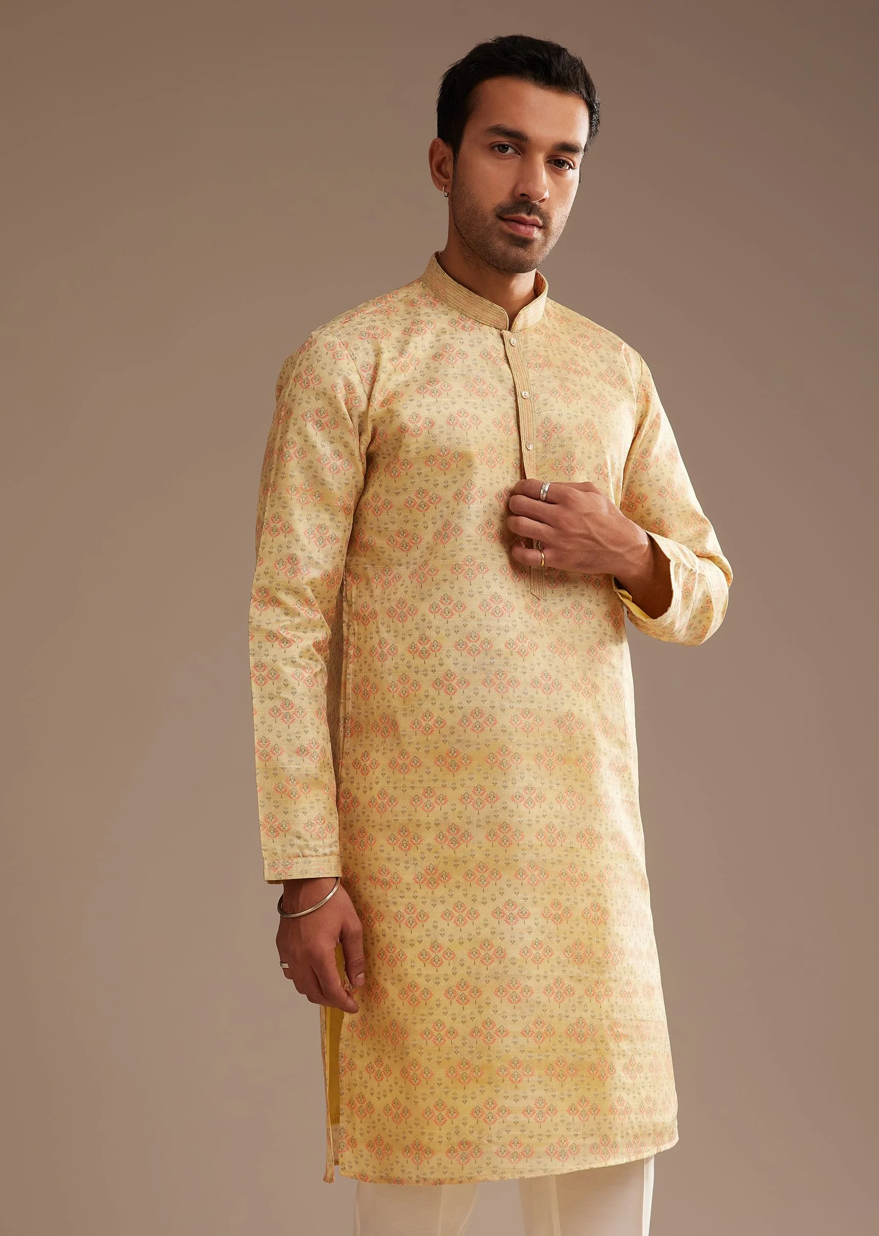 Light Yellow Silk Abstract Printed Kurta Set - Image 3