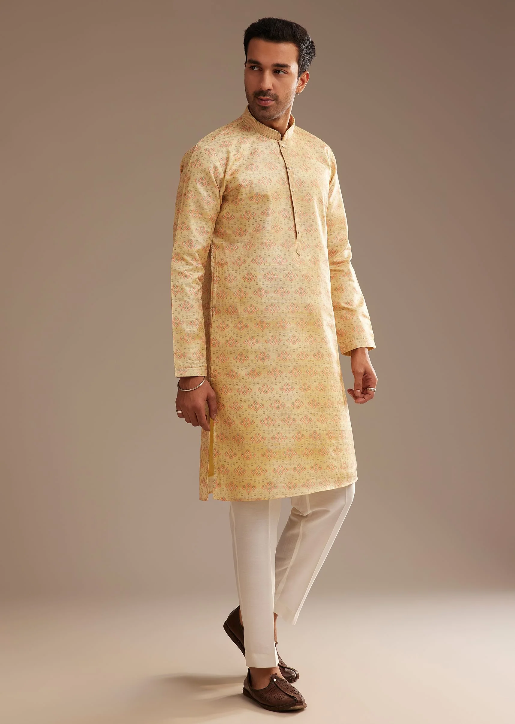 Light Yellow Silk Abstract Printed Kurta Set - Image 4