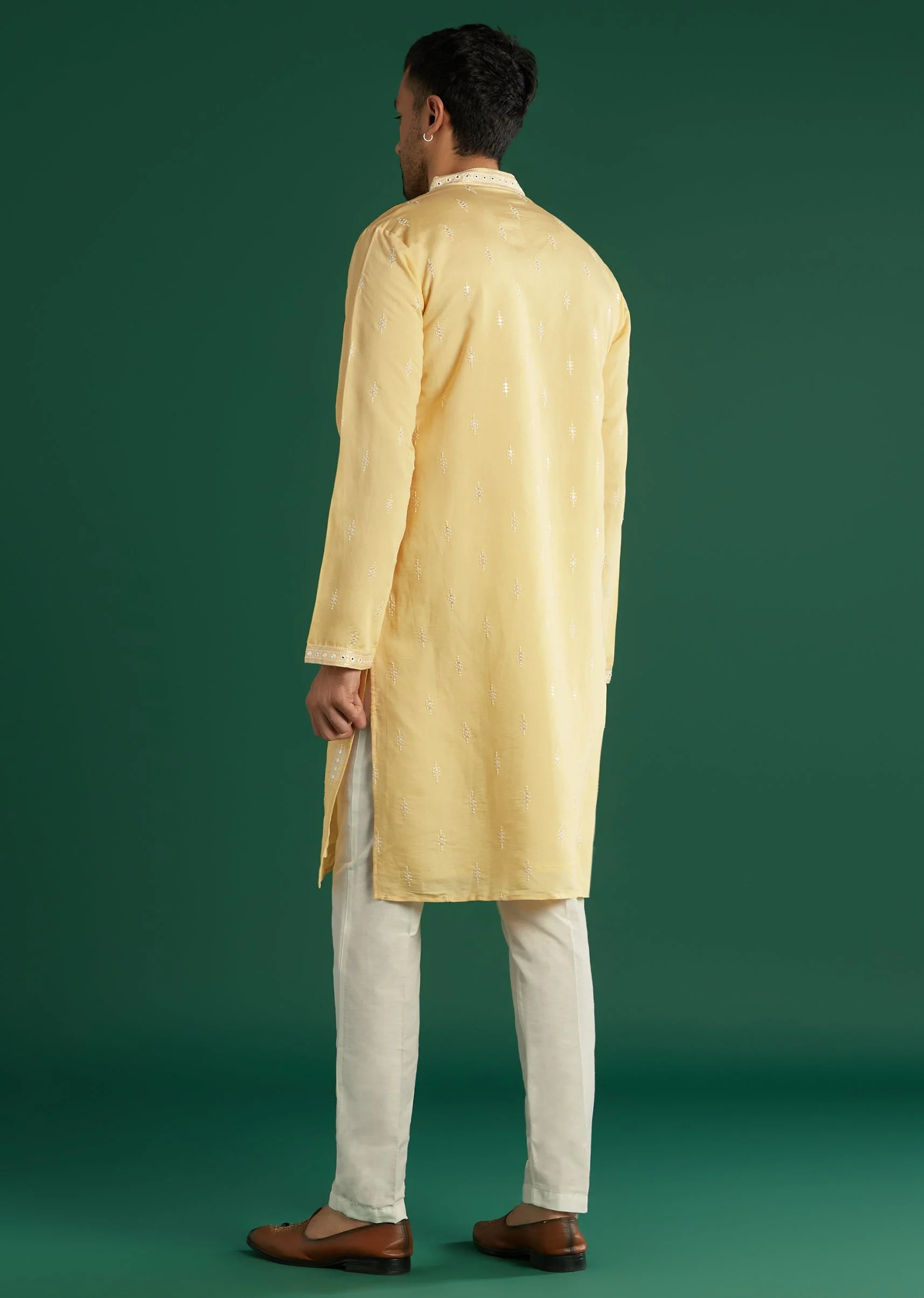 Light Yellow Silk Kurta Set For Men With Mirror And Resham Embroidery - Image 5
