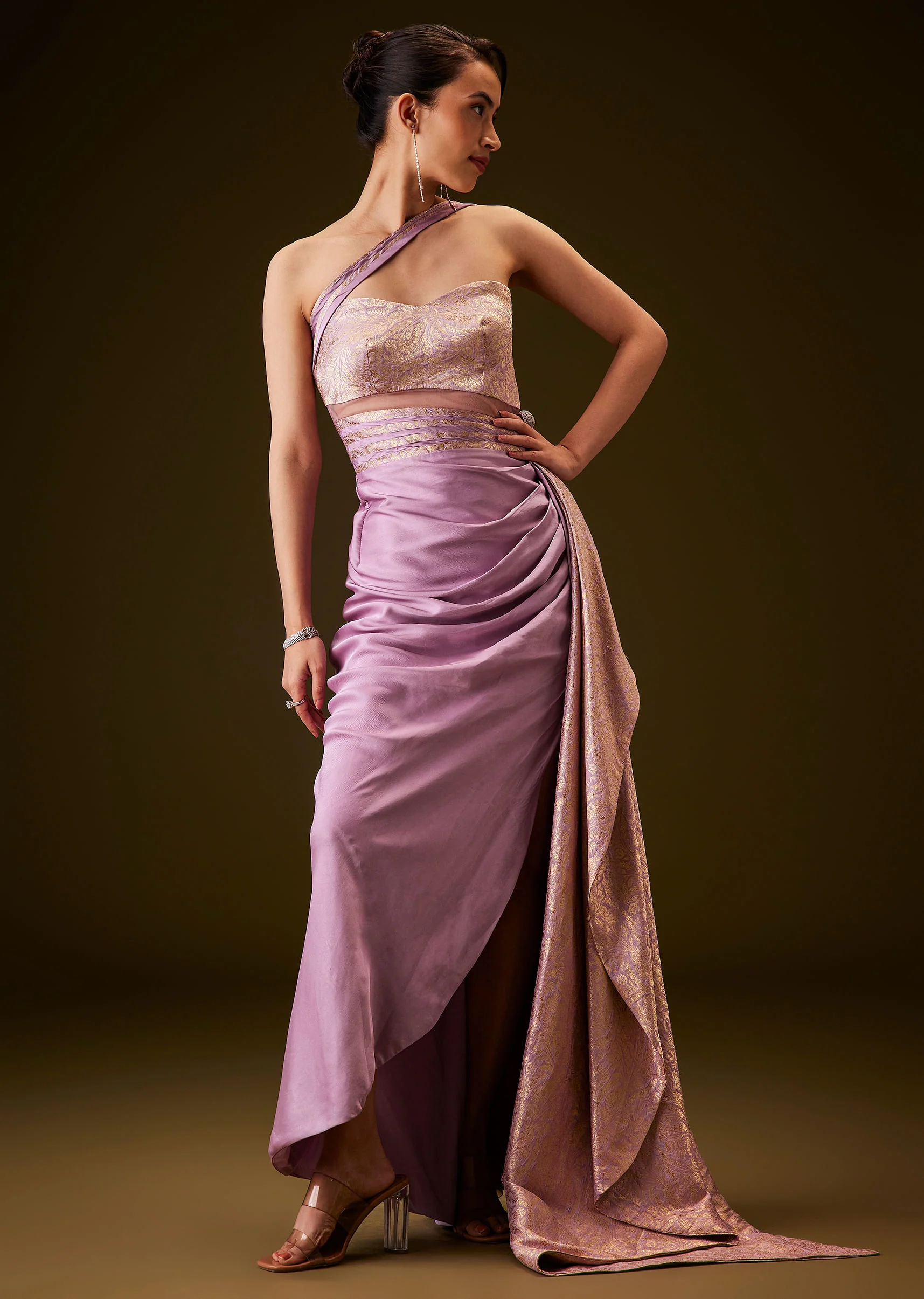 Lilac Brocade Draped Gown With Sculpted Sash - Image 3