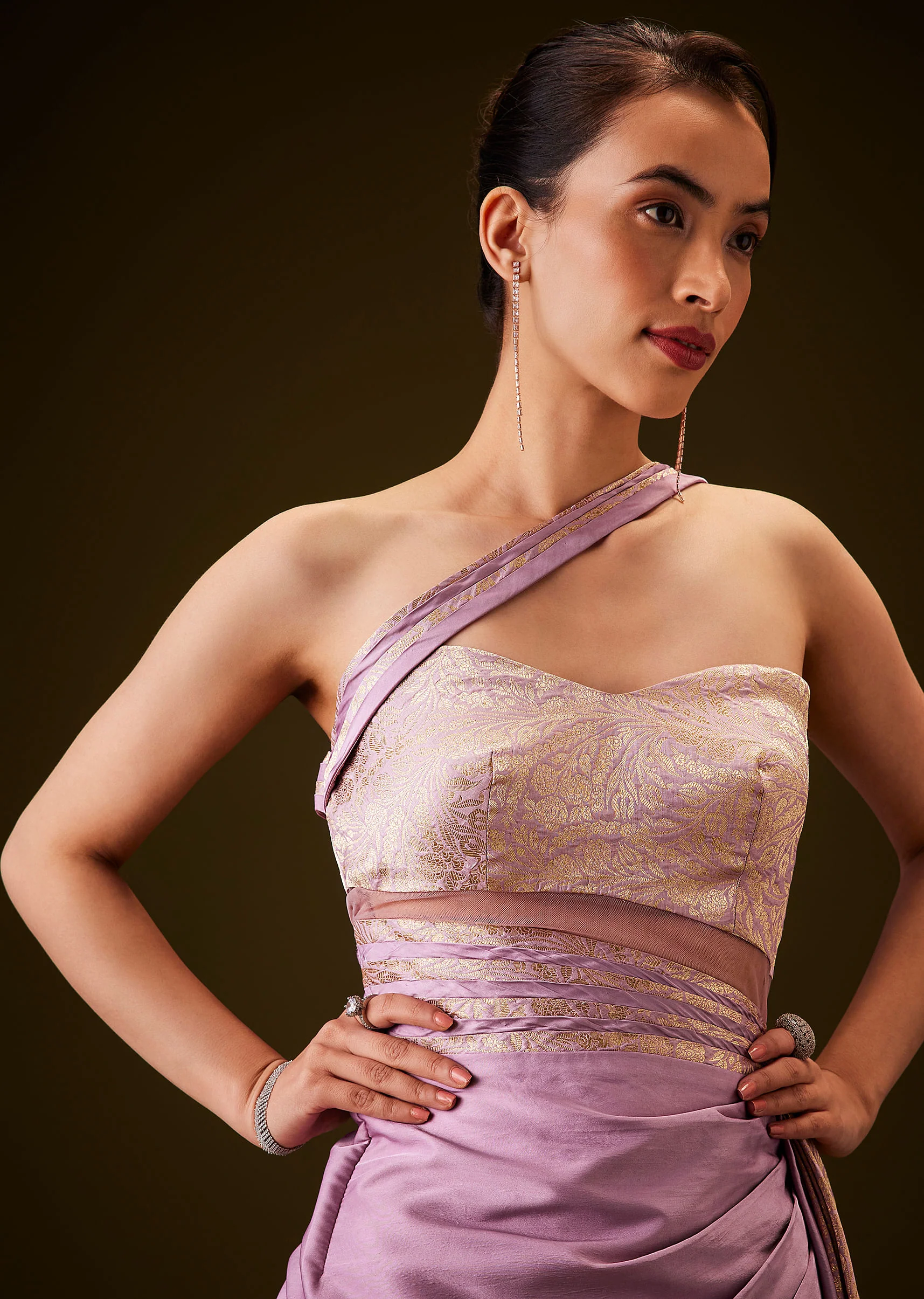 Lilac Brocade Draped Gown With Sculpted Sash - Image 4