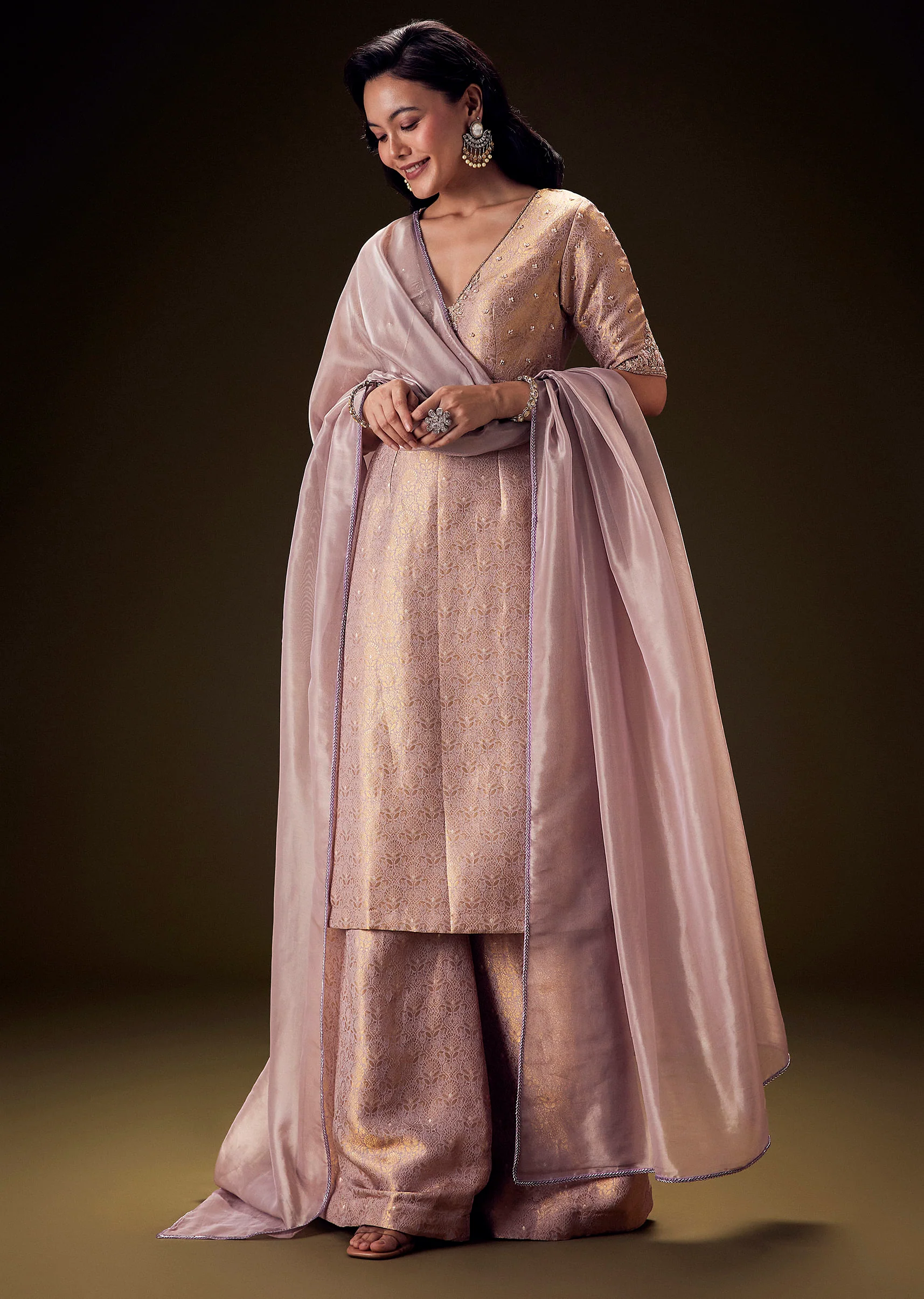 Lilac Brocade Embroidered Kurta With Palazzo And Dupatta - Image 3