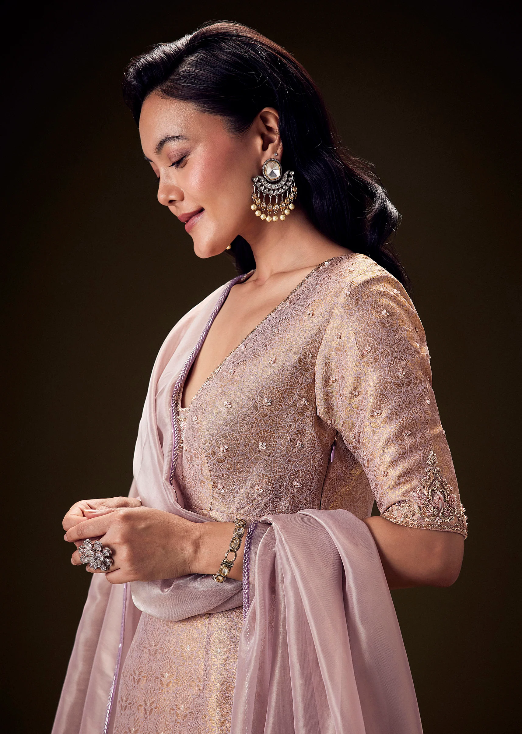 Lilac Brocade Embroidered Kurta With Palazzo And Dupatta - Image 4