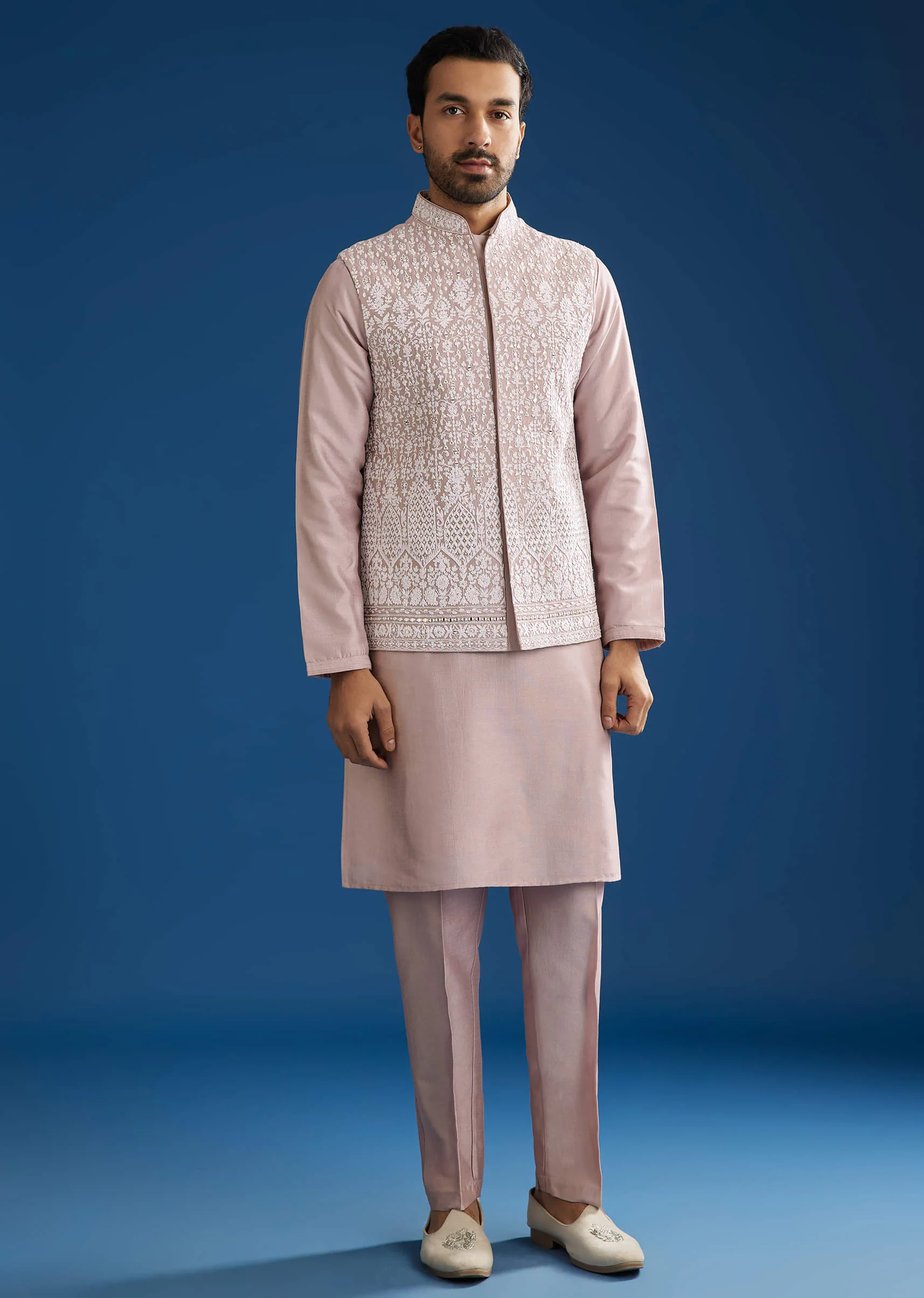 Lilac Cotton Silk Jacket Kurta Set With Mirror And Dori Embroidery - Image 2
