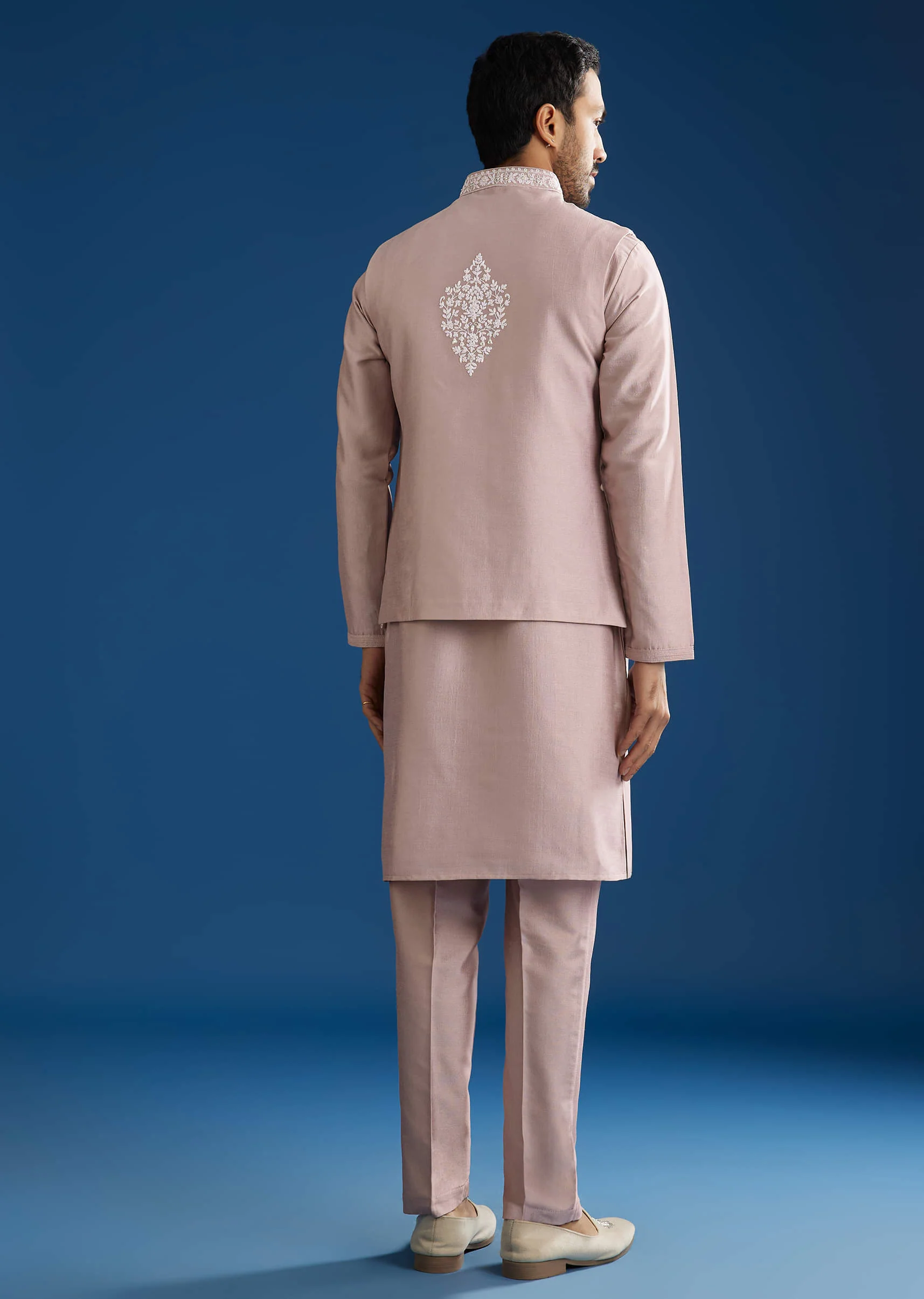 Lilac Cotton Silk Jacket Kurta Set With Mirror And Dori Embroidery - Image 6