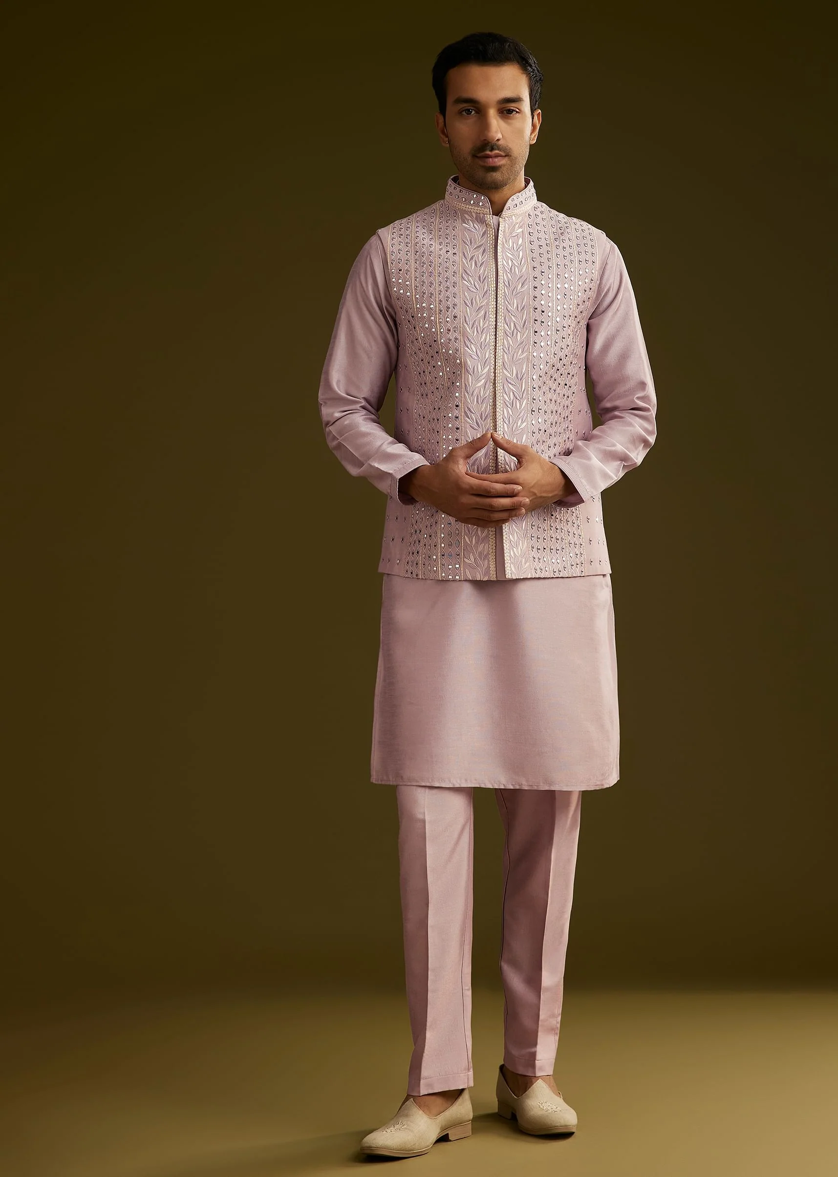 Lilac Cotton Silk Kurta Set With Mirror Threadwork Jacket - Image 2