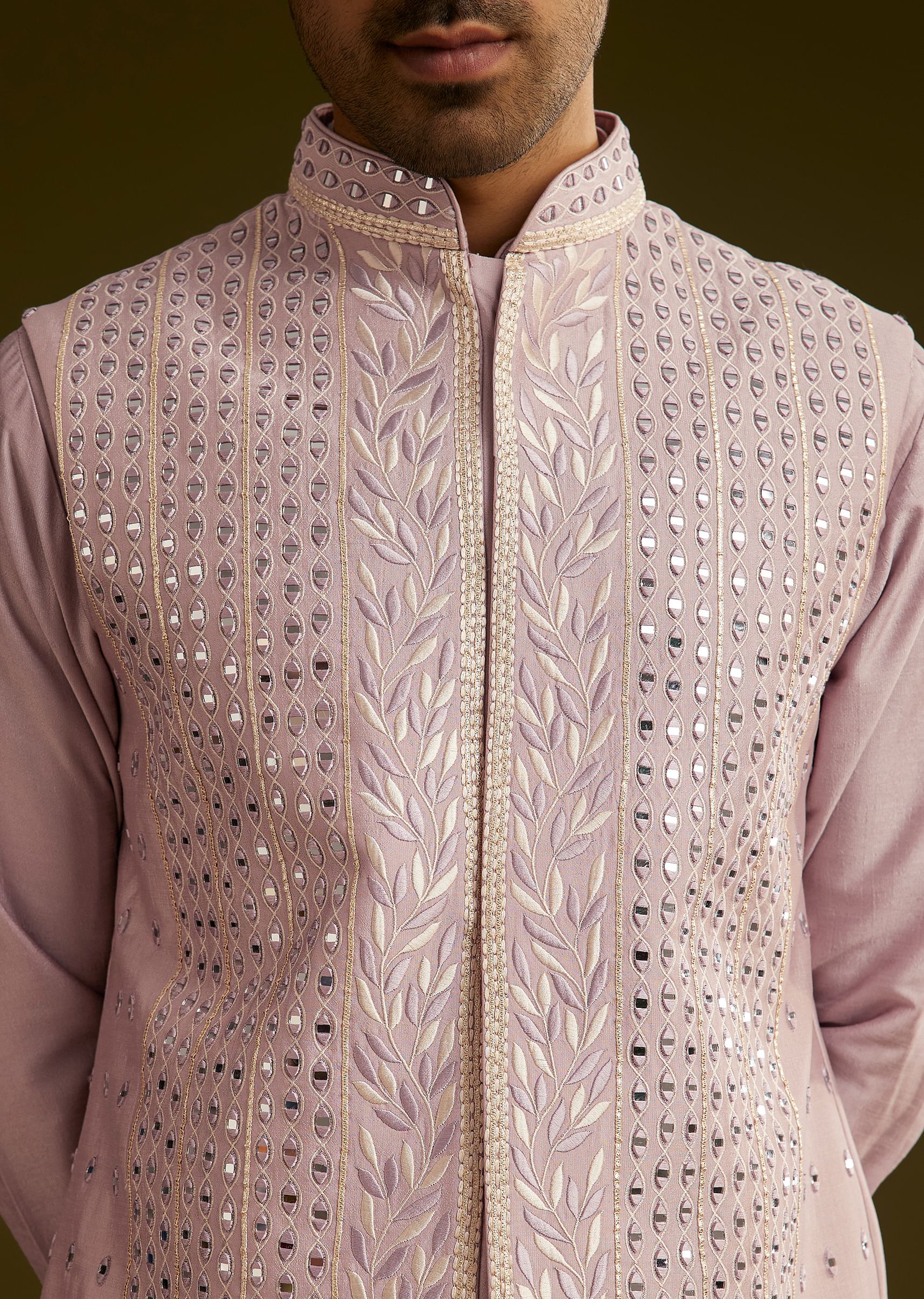 Lilac Cotton Silk Kurta Set With Mirror Threadwork Jacket - Image 3