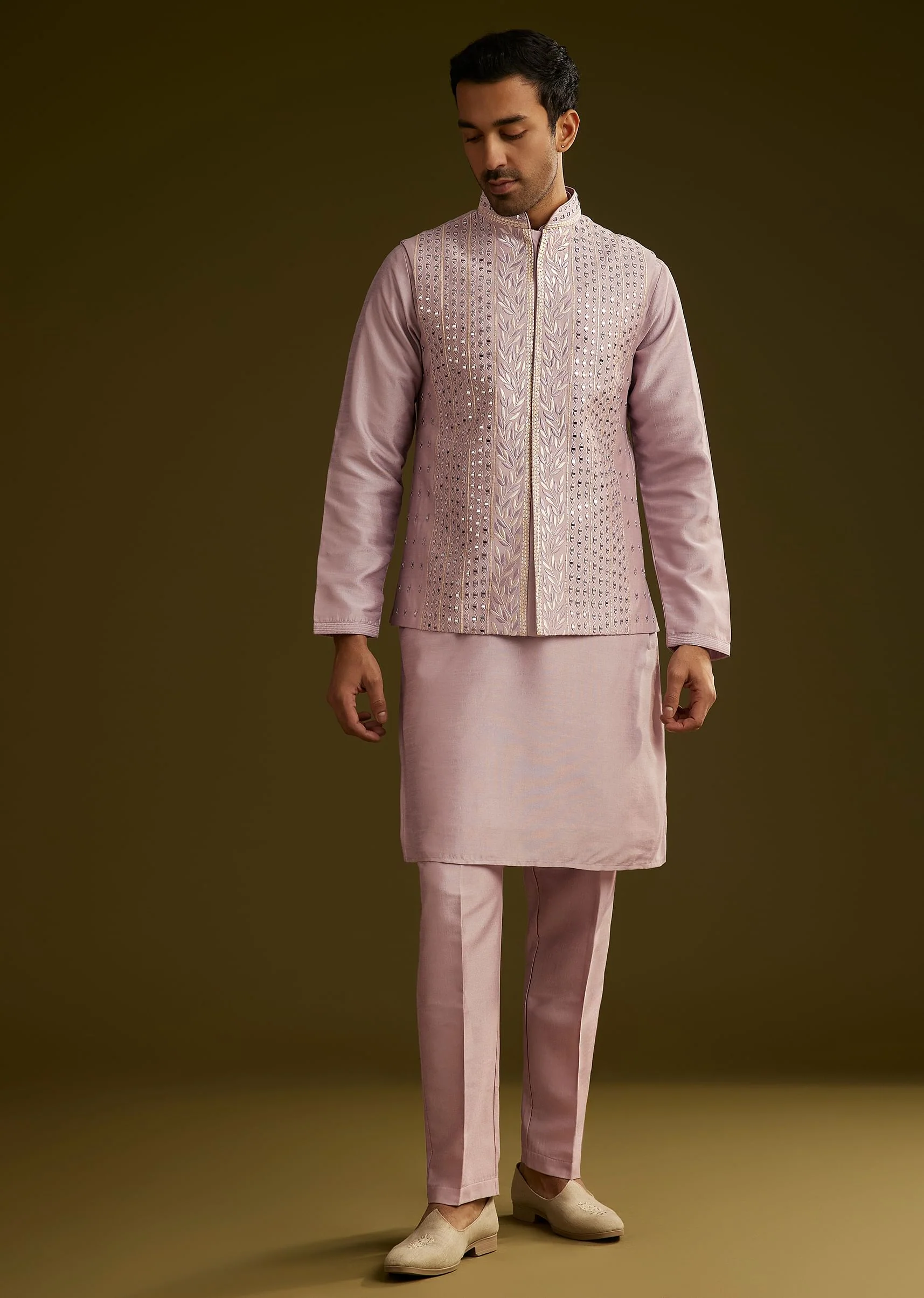 Lilac Cotton Silk Kurta Set With Mirror Threadwork Jacket - Image 4
