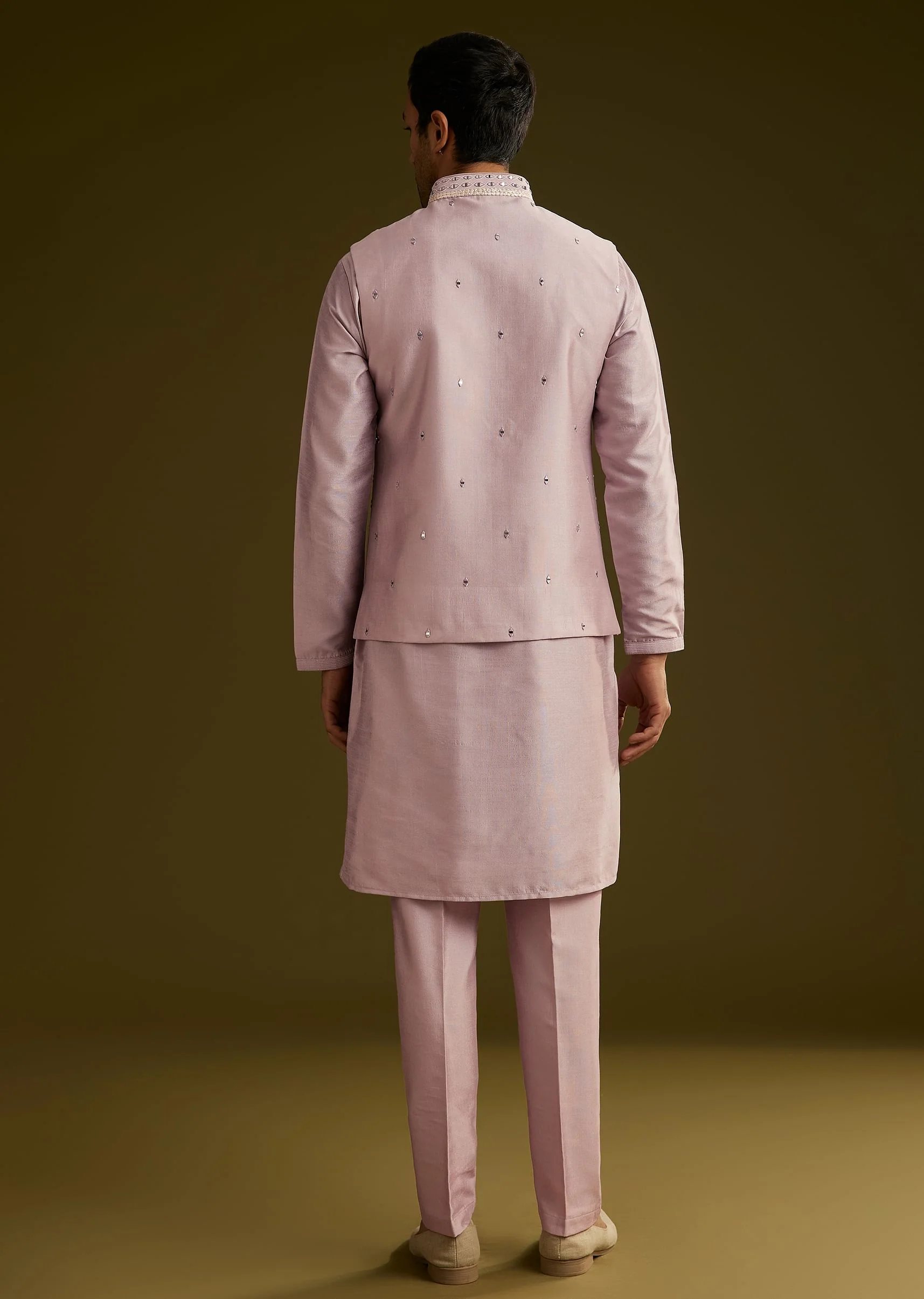 Lilac Cotton Silk Kurta Set With Mirror Threadwork Jacket - Image 5
