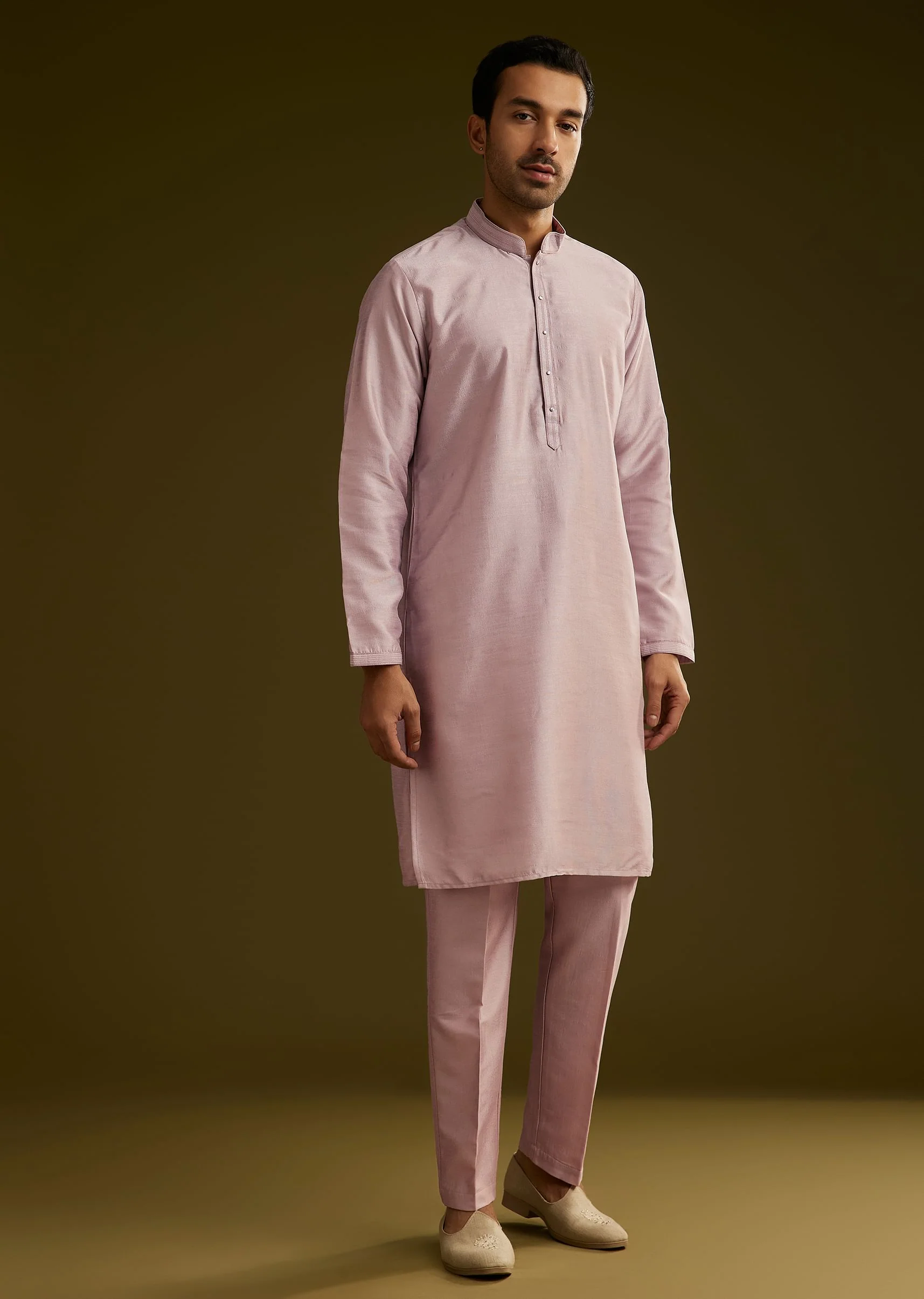 Lilac Cotton Silk Kurta Set With Mirror Threadwork Jacket - Image 6
