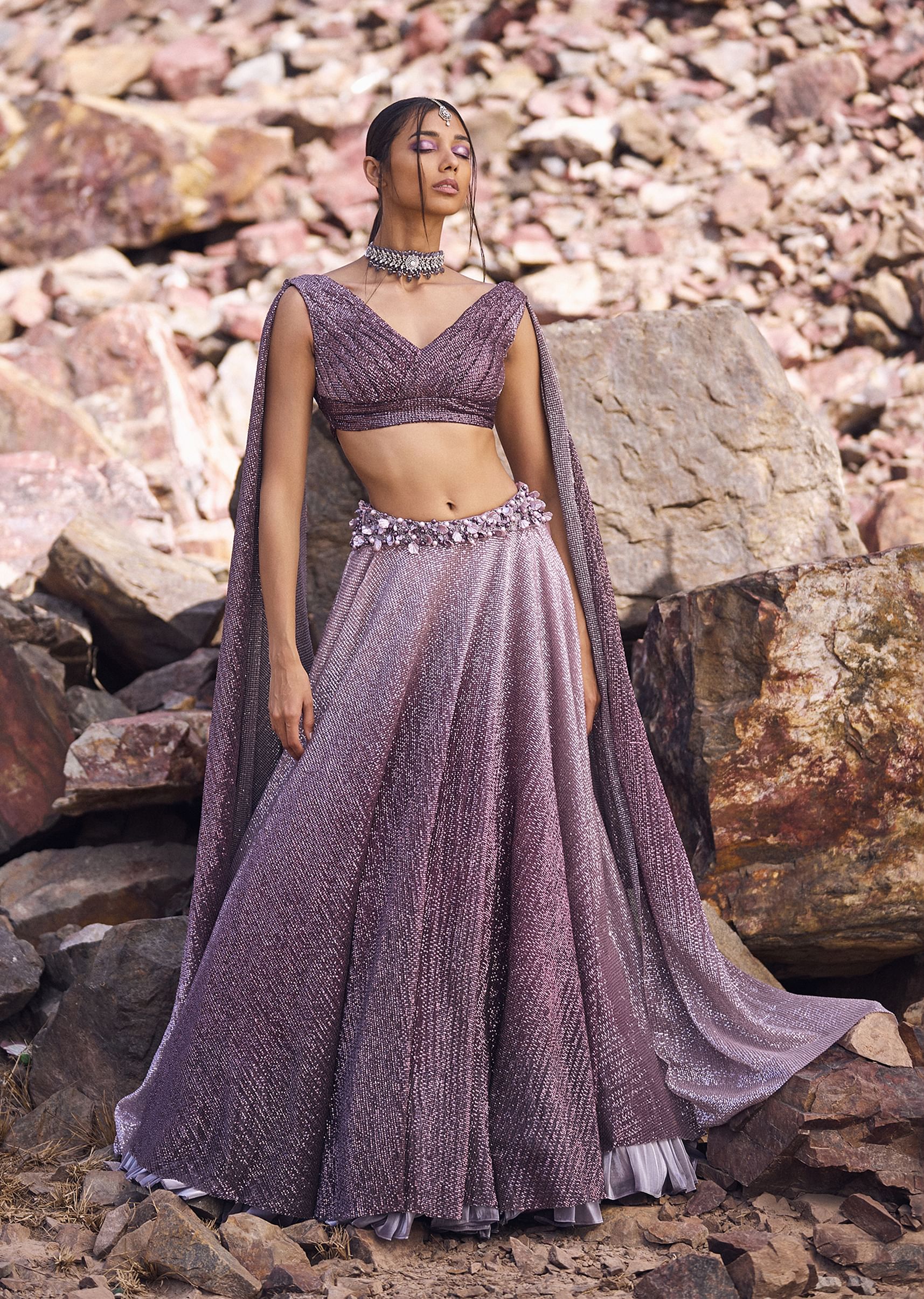 Lilac Crushed Shimmer Lehenga With Blouse And Cape - Image 2