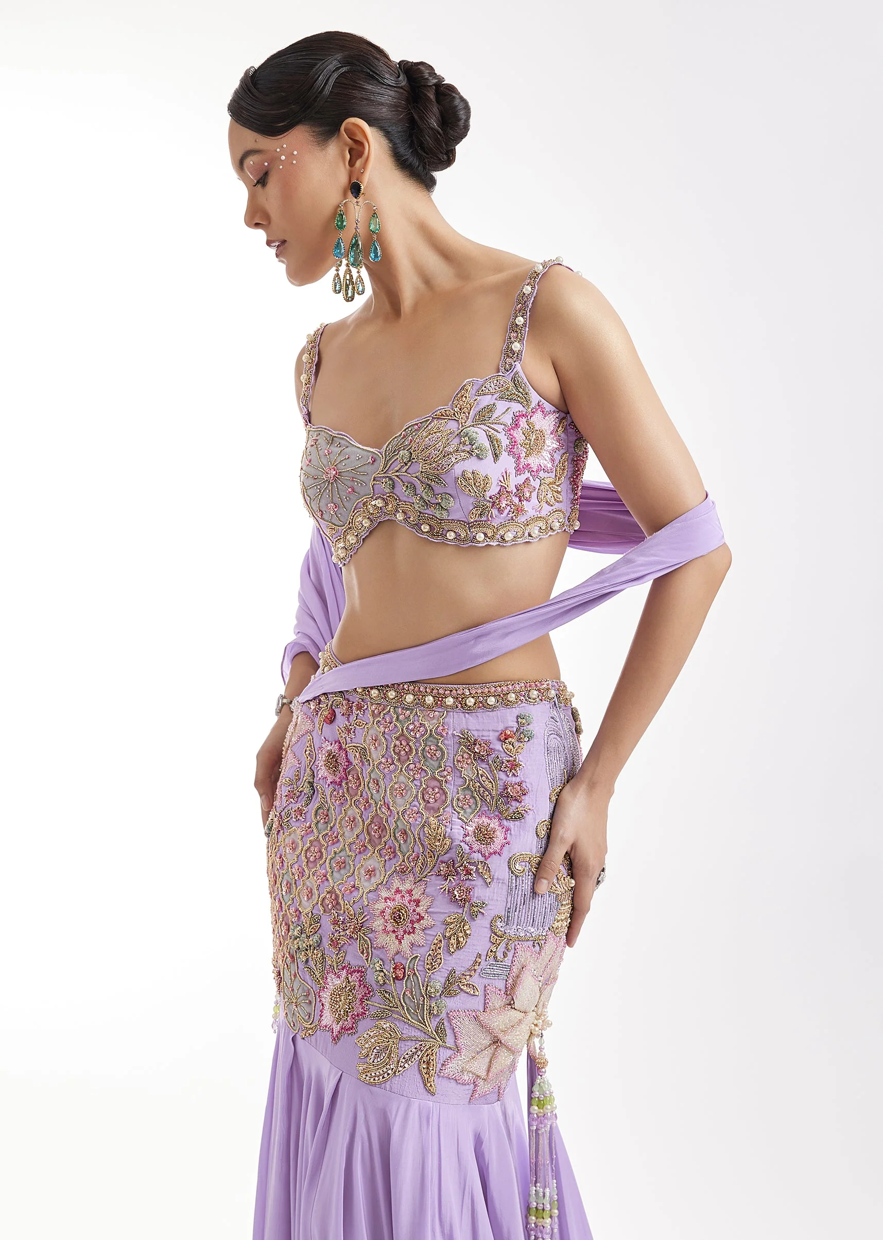 Lilac Embroidered Blouse And Draped Skirt Set - Image 4