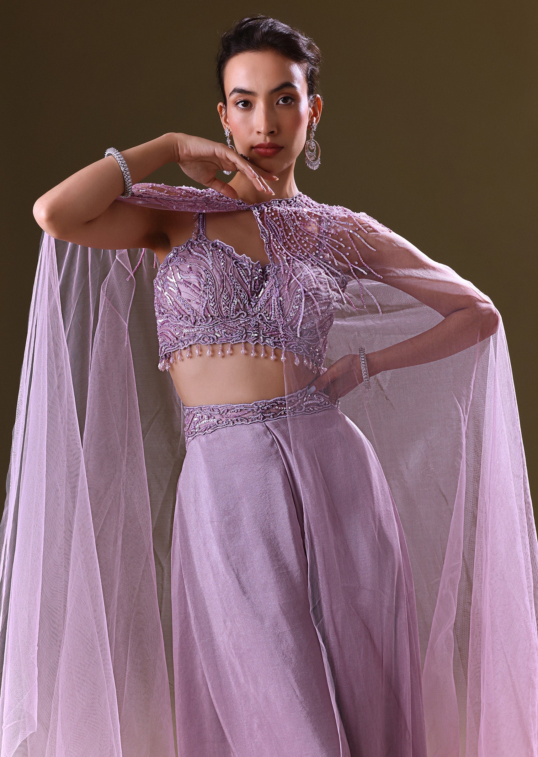 Lilac Embroidered Bustier And Cape With Flared Pant - Image 5