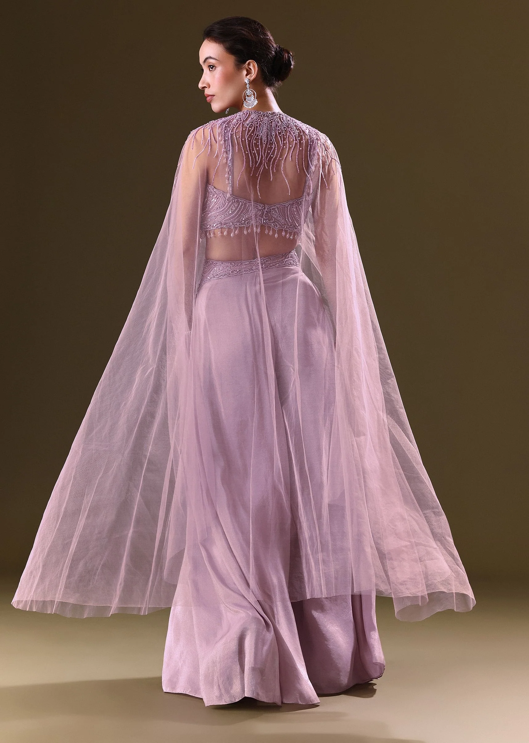 Lilac Embroidered Bustier And Cape With Flared Pant - Image 6