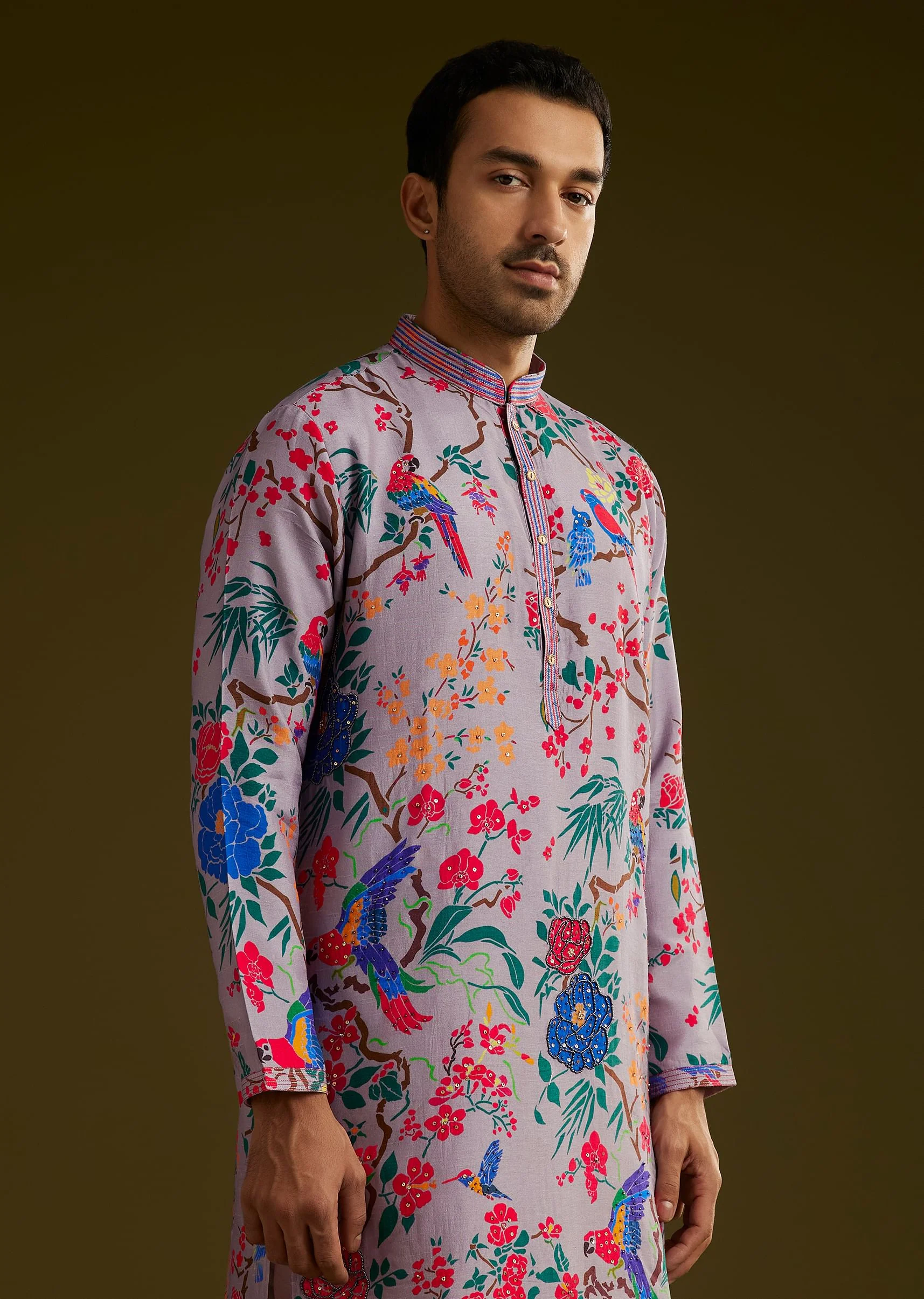 Lilac Floral Printed Silk Kurta Set - Image 4