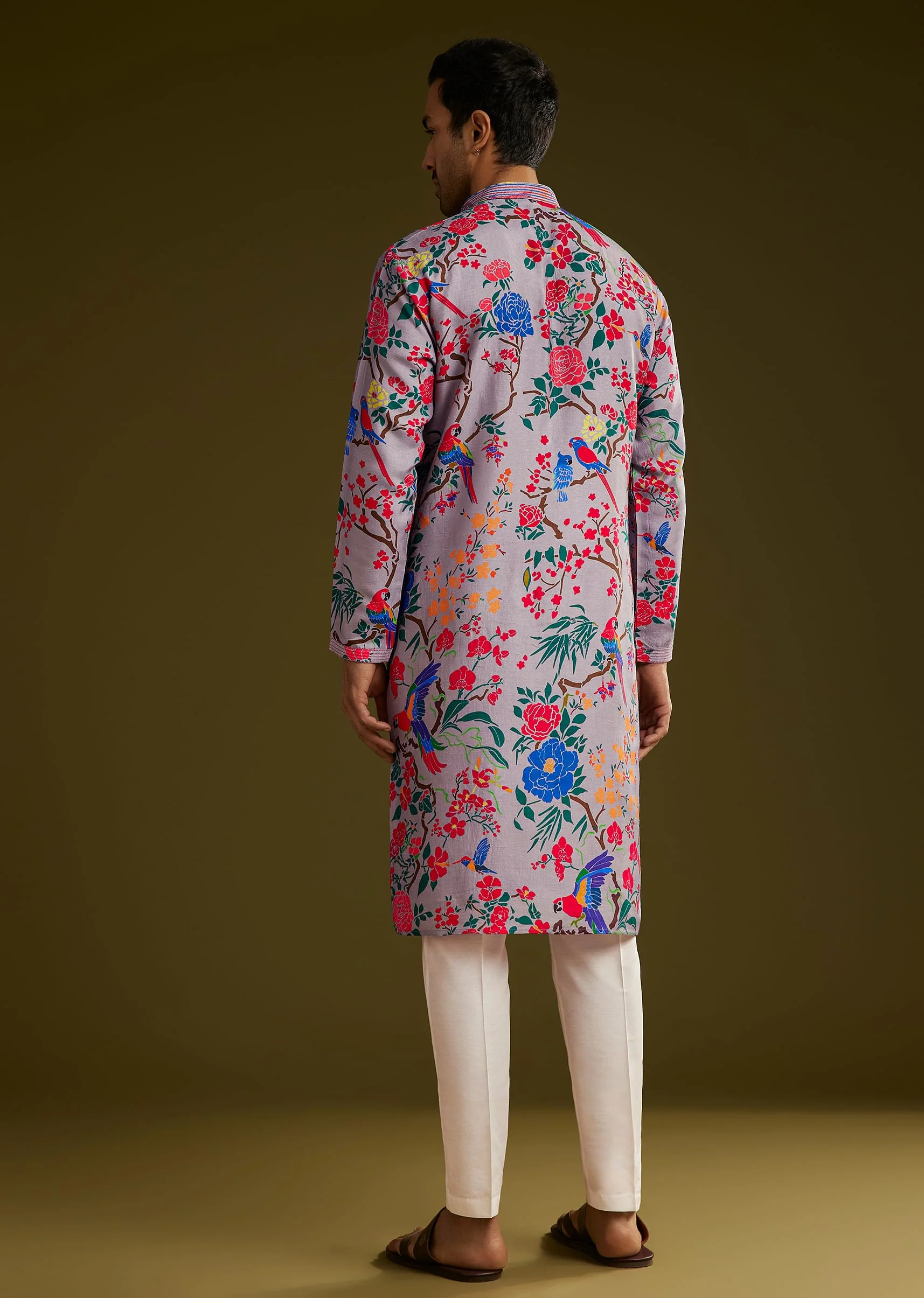 Lilac Floral Printed Silk Kurta Set - Image 5