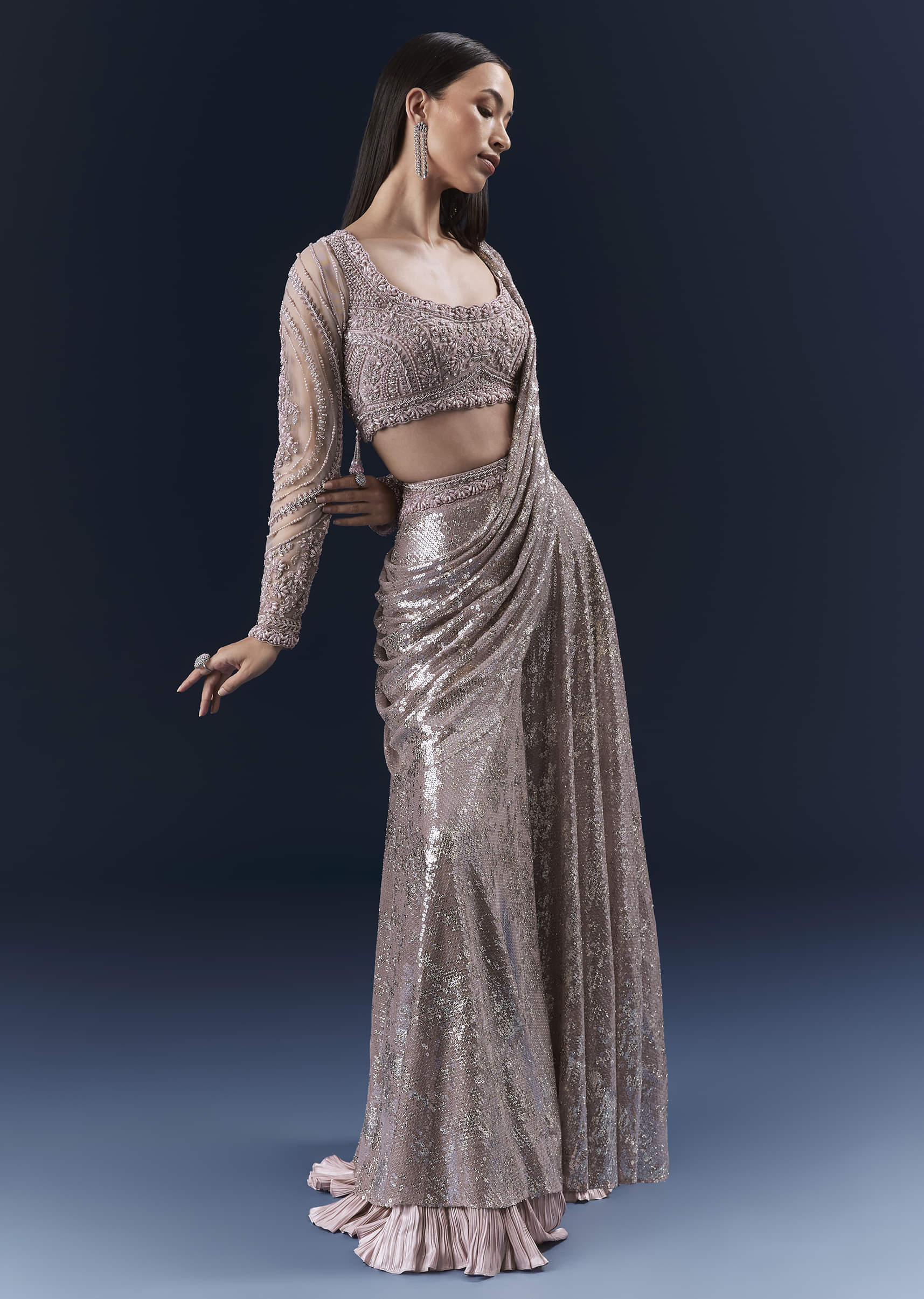 Lilac Imported Sequins Crop Top And Palazzo Pants With Attached Dupatta - Image 4