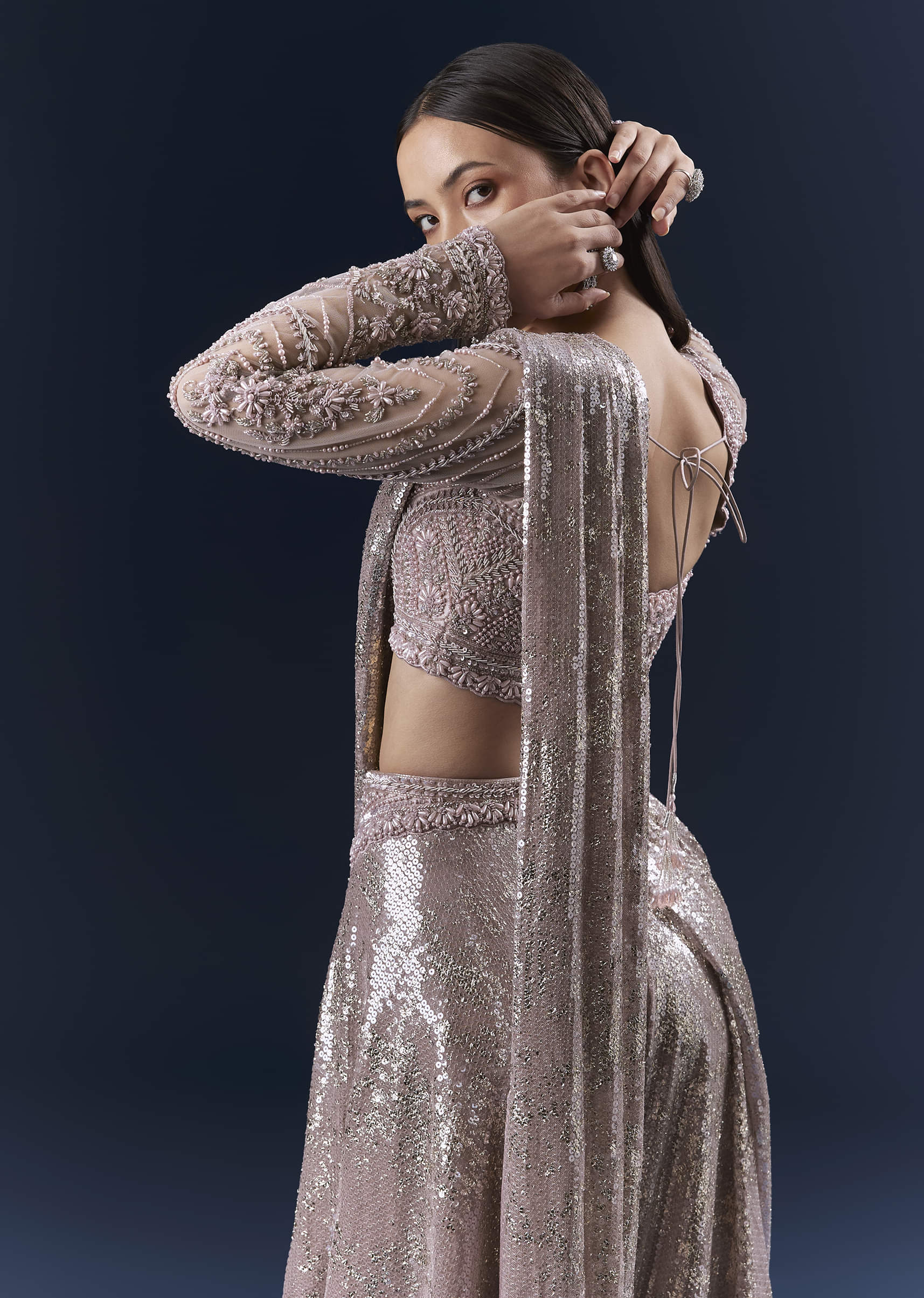 Lilac Imported Sequins Crop Top And Palazzo Pants With Attached Dupatta - Image 6