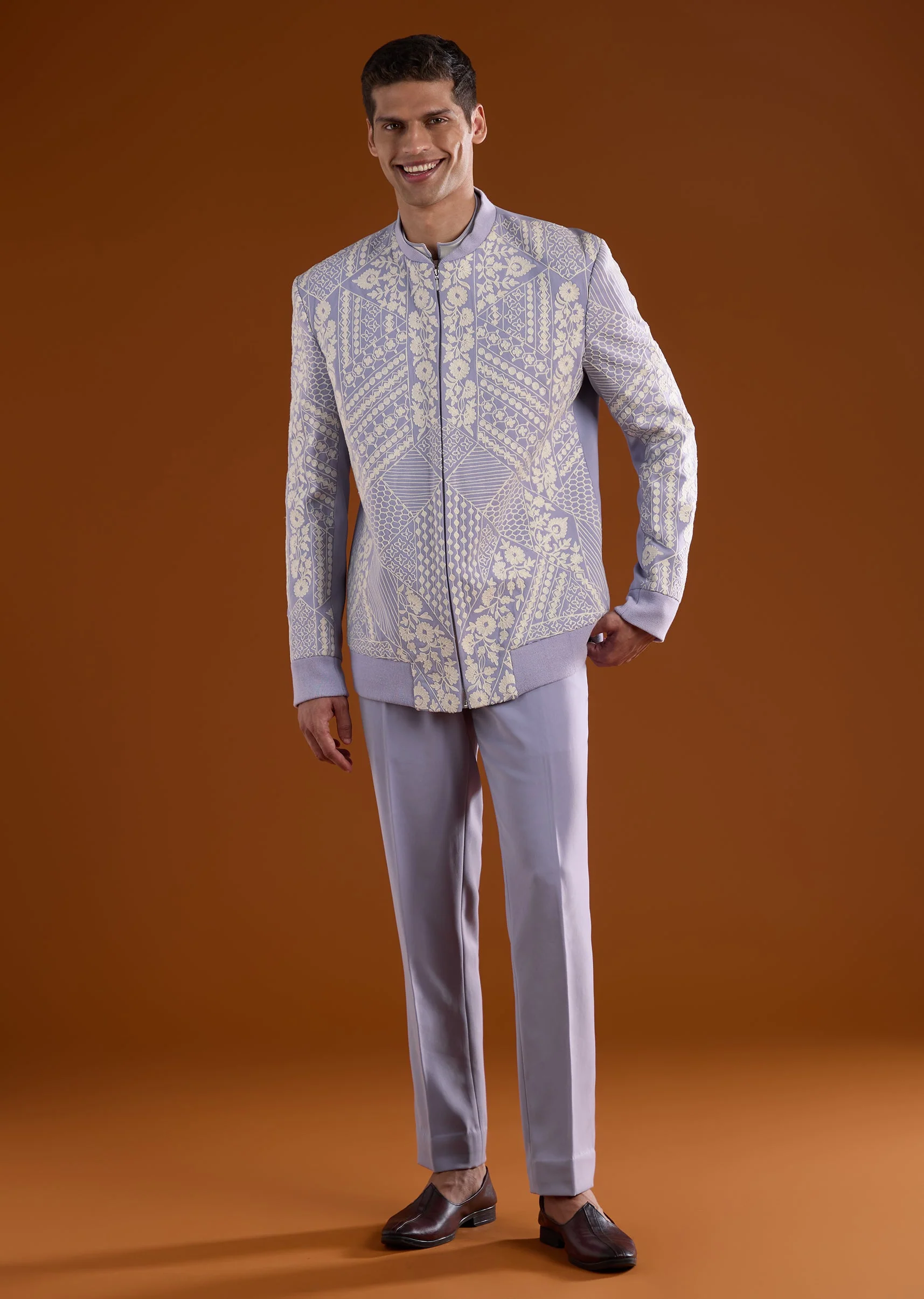 Lilac Kurta Jacket Set With Thread Detail Work