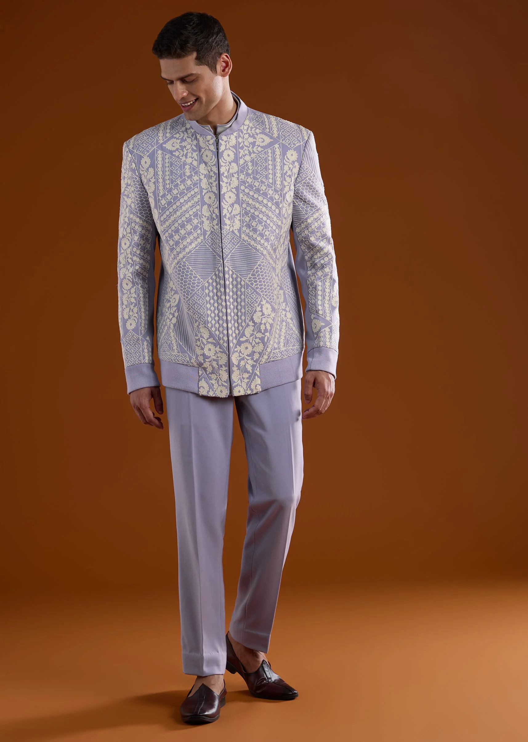 Lilac Kurta Jacket Set With Thread Detail Work - Image 3