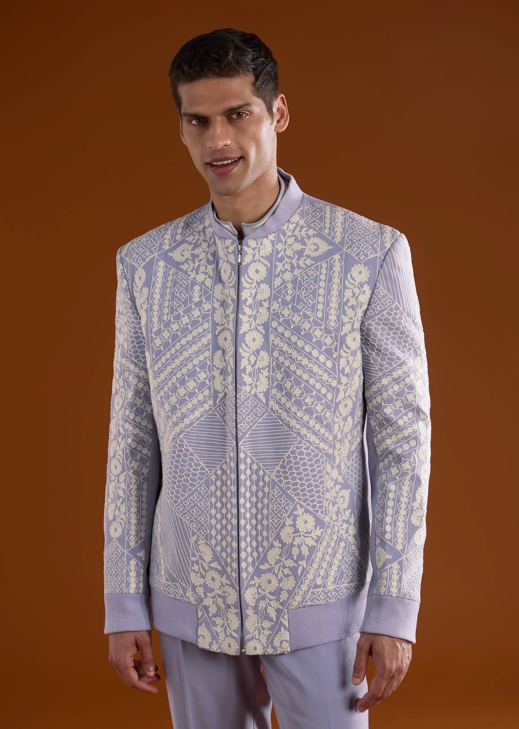 Lilac Kurta Jacket Set With Thread Detail Work - Image 4