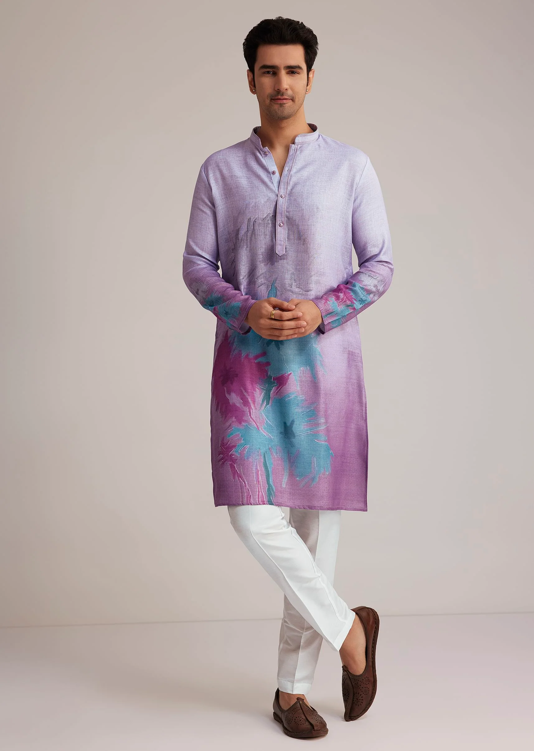 Lilac Linen Kurta Set With Ombre Abstract Print - Image 4