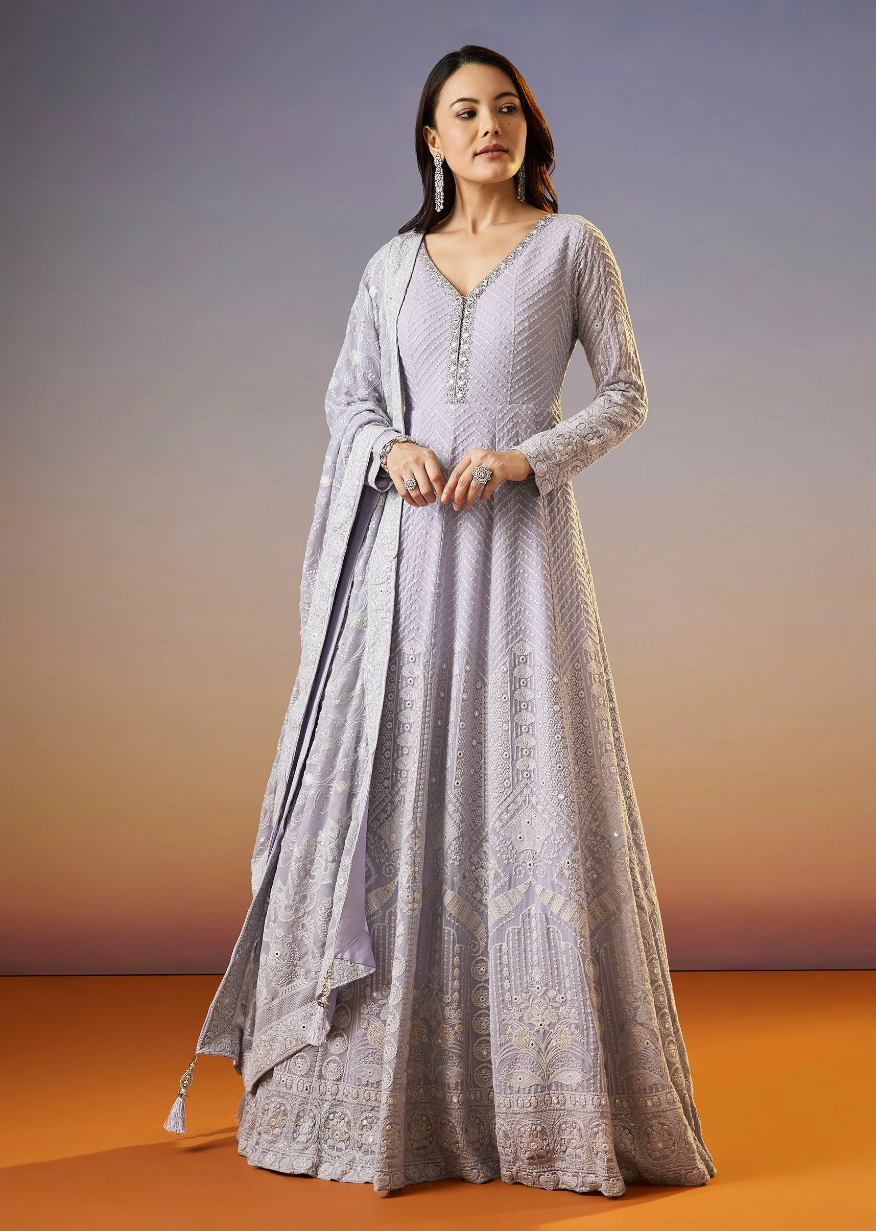 Lilac Lucknowi Georgette Anarkali Suit With Dupatta - Image 3