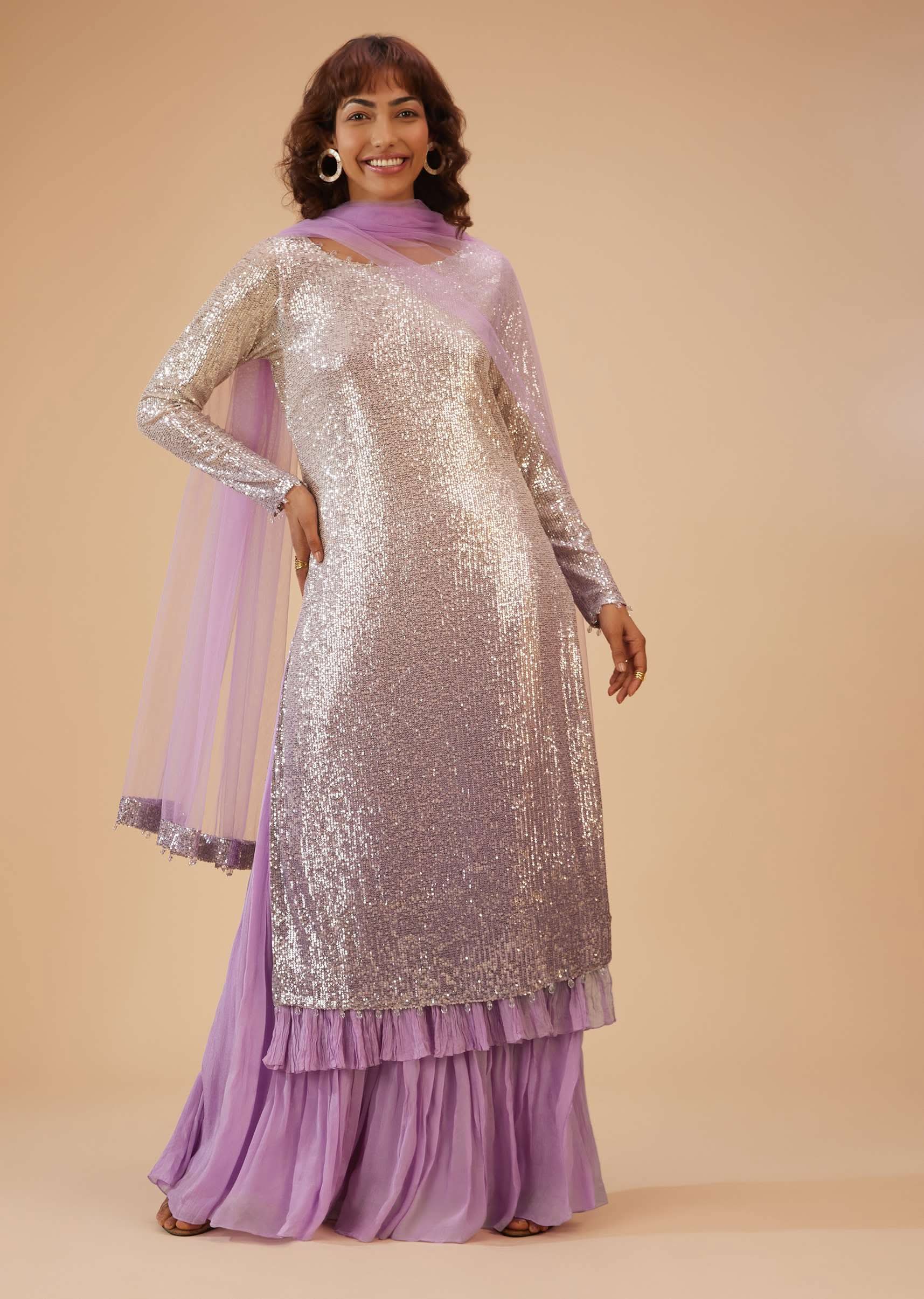 Lilac Purple Palazzo Suit Set In Sequin - Image 3