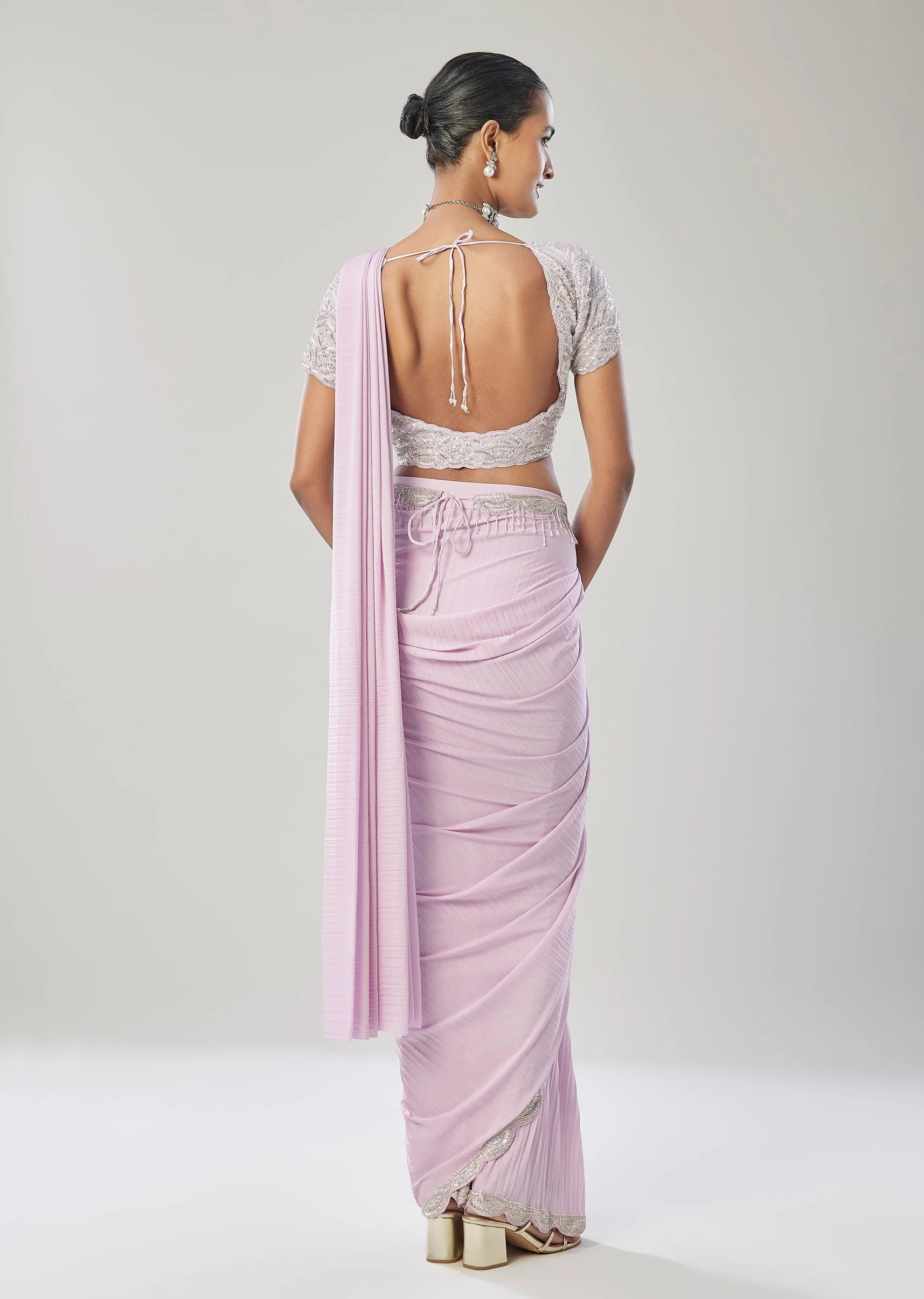 Lilac Ready Pleated Saree With Belt - Image 5