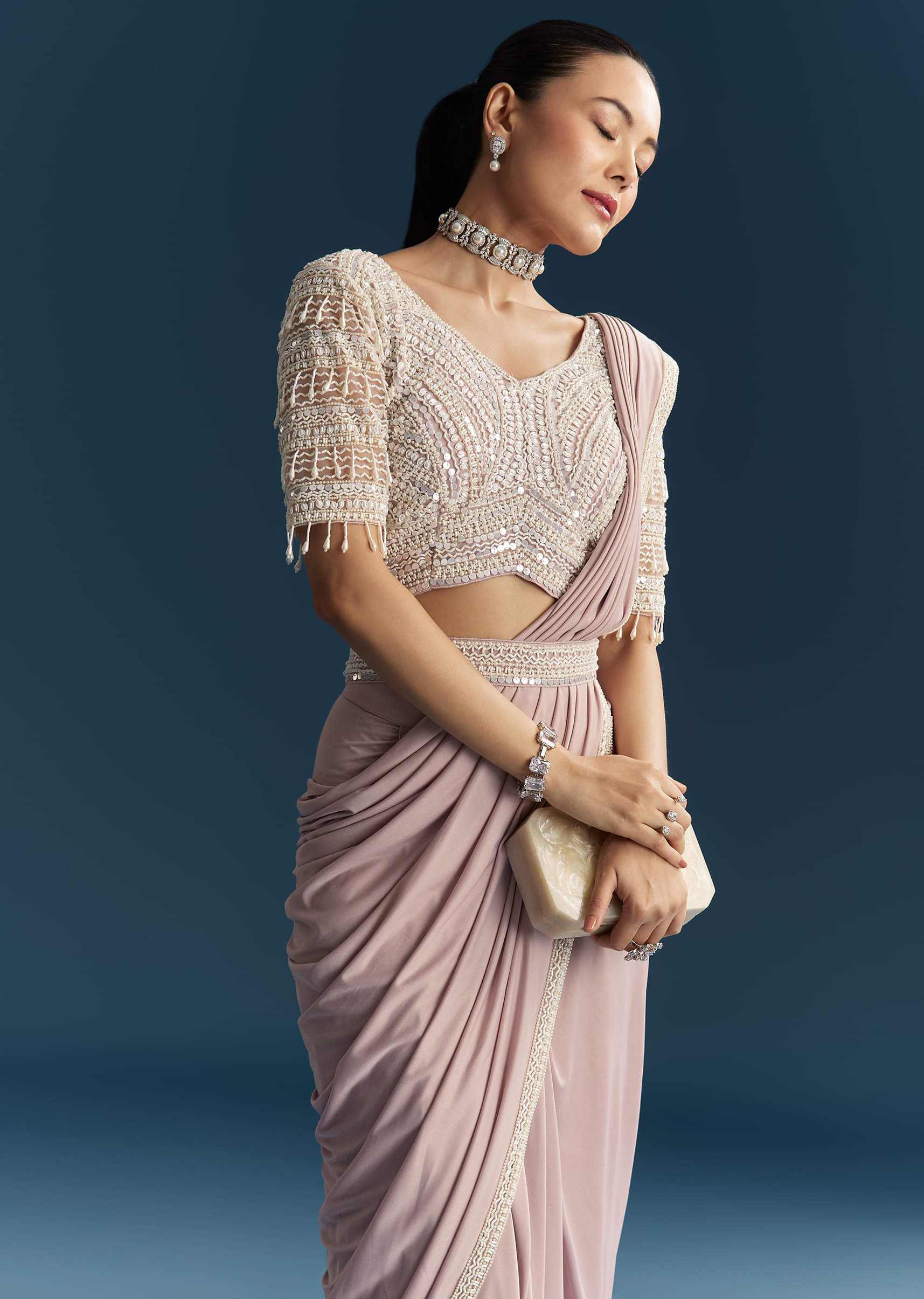 Lilac Ready Pleated Saree With Sequins And Moti Work - Image 5