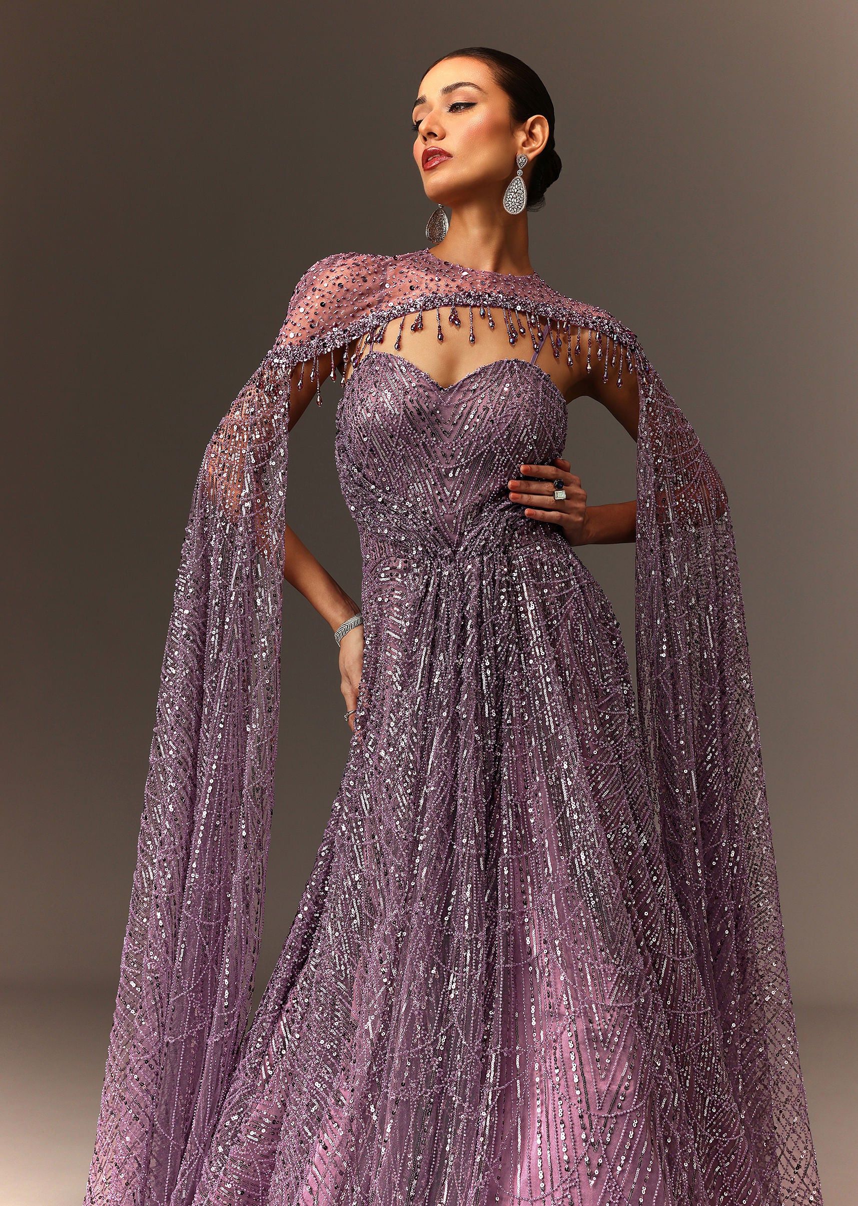 Lilac Sequin Gown With Attached Cheeta Work Cape Sleeves - Image 5